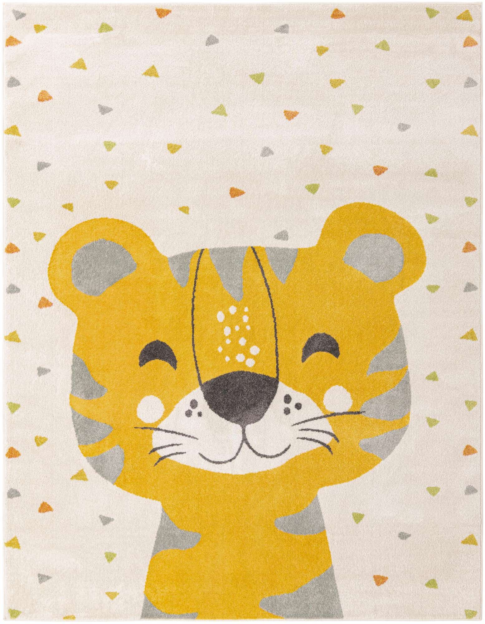 A rectangular 8x10 ivory rug featuring a large, friendly yellow and grey tiger face with a whimsical confetti pattern.