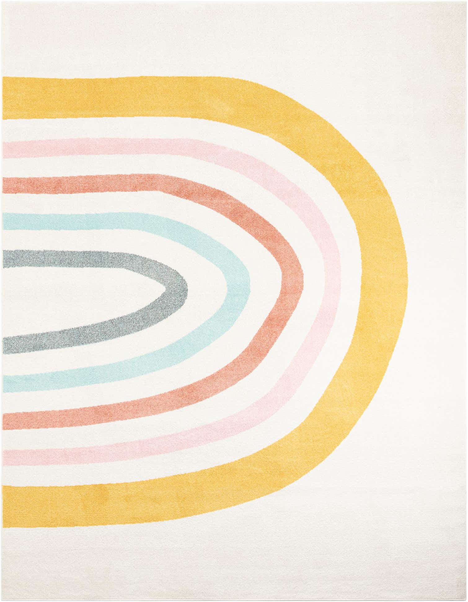 A large rectangular ivory rug featuring a colorful, arched rainbow design in soft gold, pink, coral, light blue, and gray.