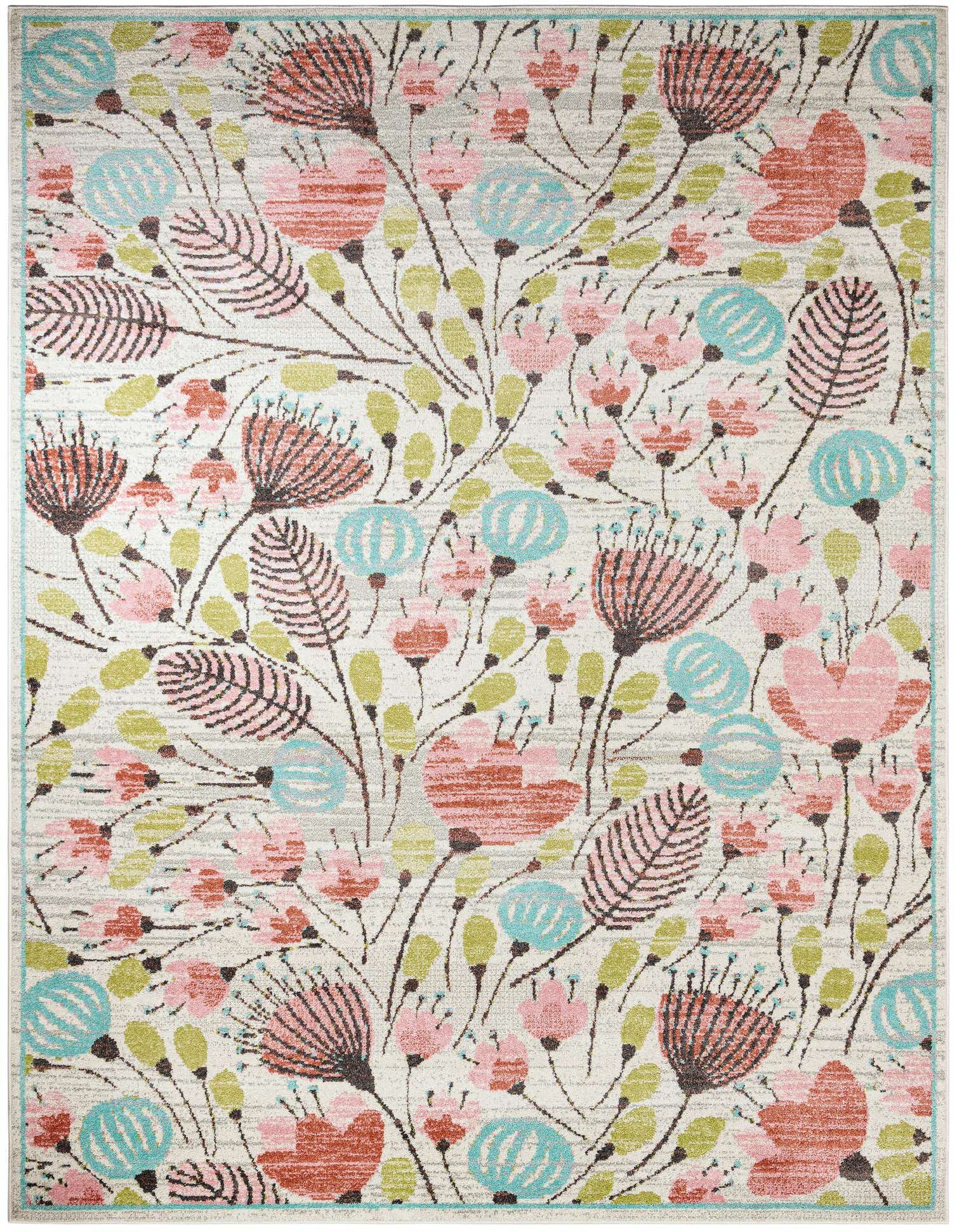 A 9x12 rectangular ivory rug with a whimsical floral pattern in pink, teal, and green, perfect for a living room.
