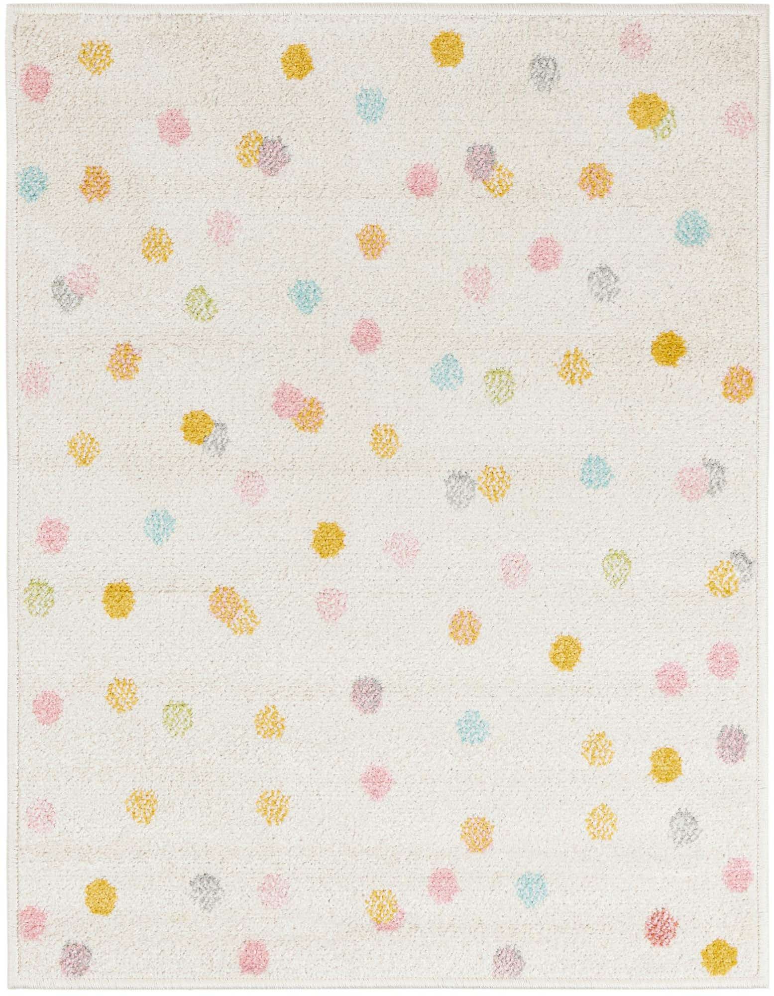 A 2x3 rectangular ivory rug with a playful pattern of scattered pastel polka dots in pink, yellow, blue, and gray.