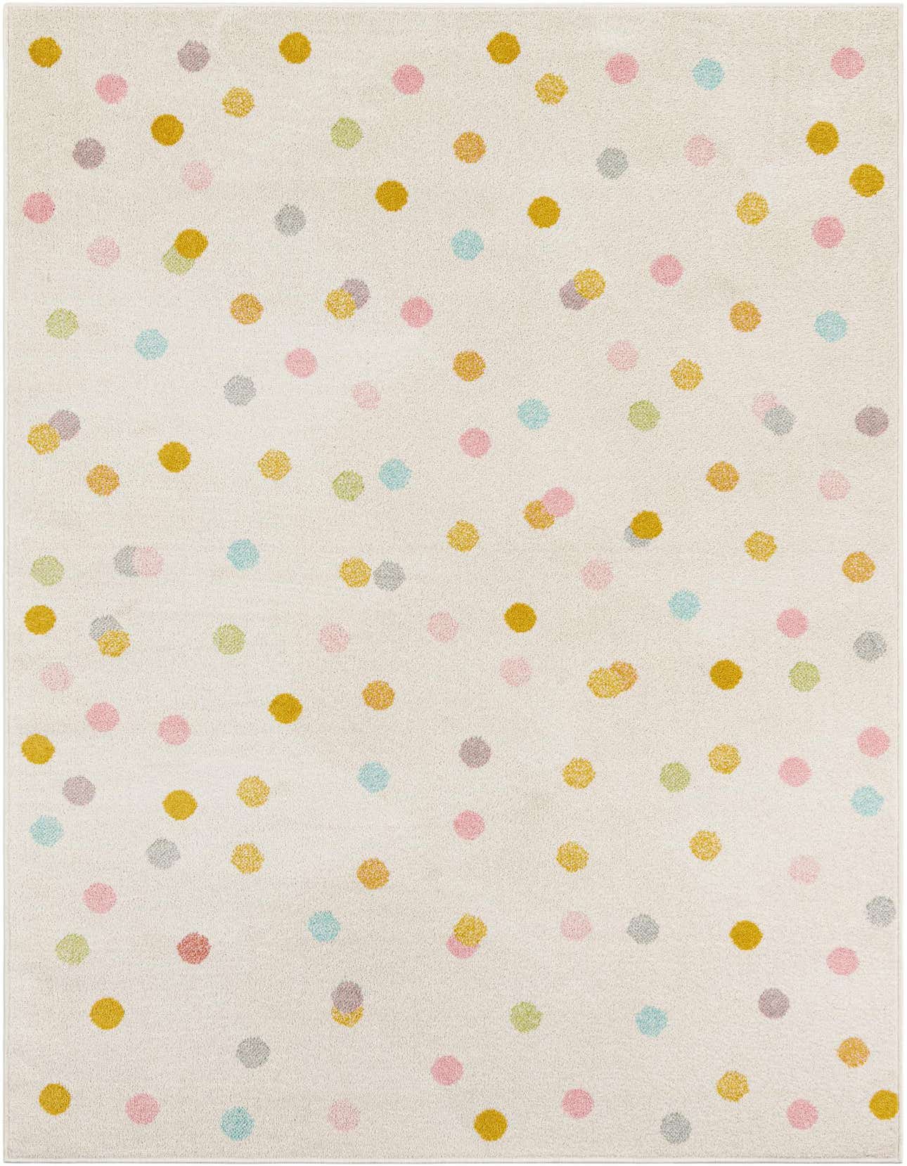 A 5x8 rectangular ivory area rug with a playful pattern of scattered polka dots in pink, yellow, blue, and gray.