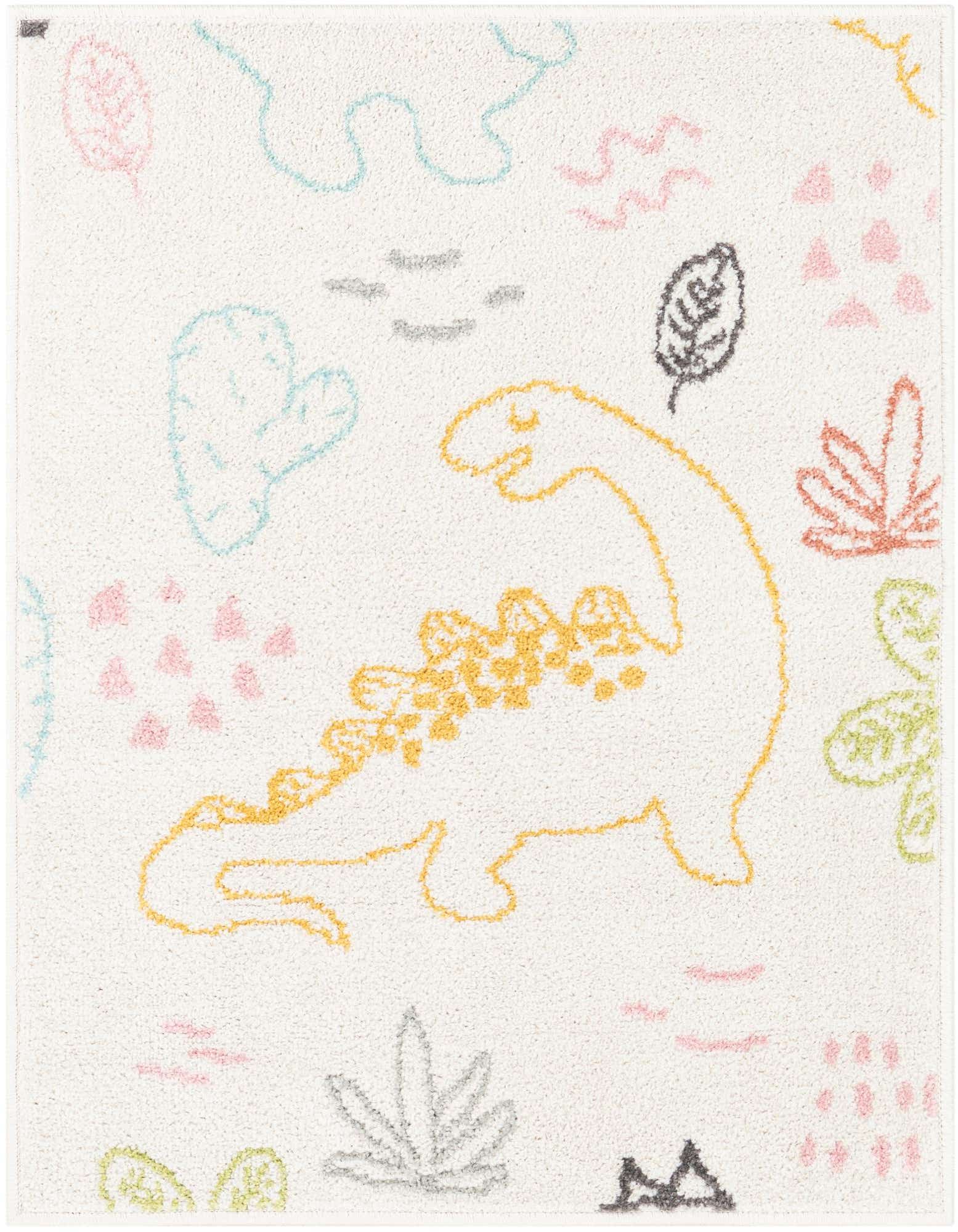 A 2x3 rectangular ivory rug with a playful, colorful dinosaur and plant pattern, ideal for a kid's room.