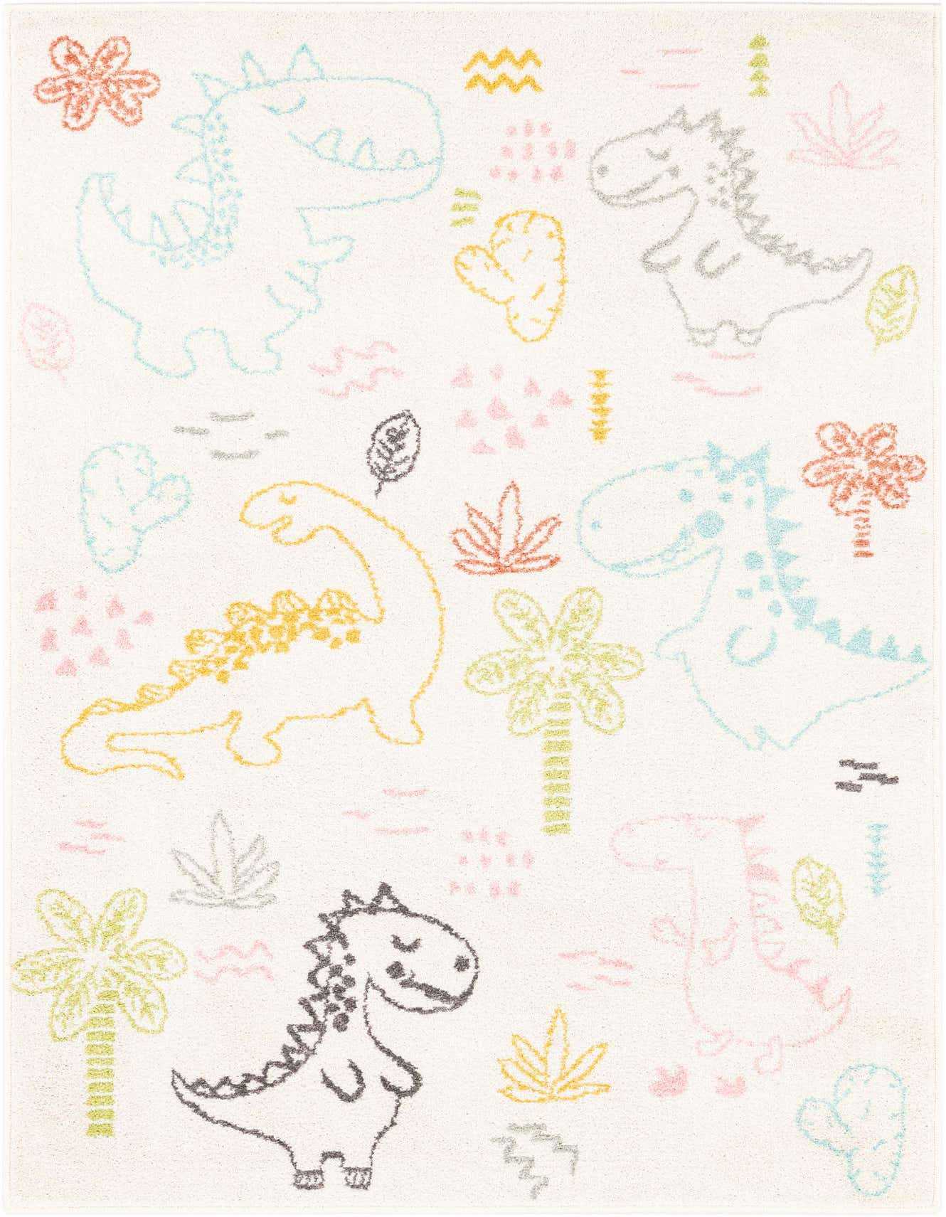 A 4x6 rectangular ivory rug featuring playful, colorful dinosaur and palm tree outlines, perfect for a child's room.