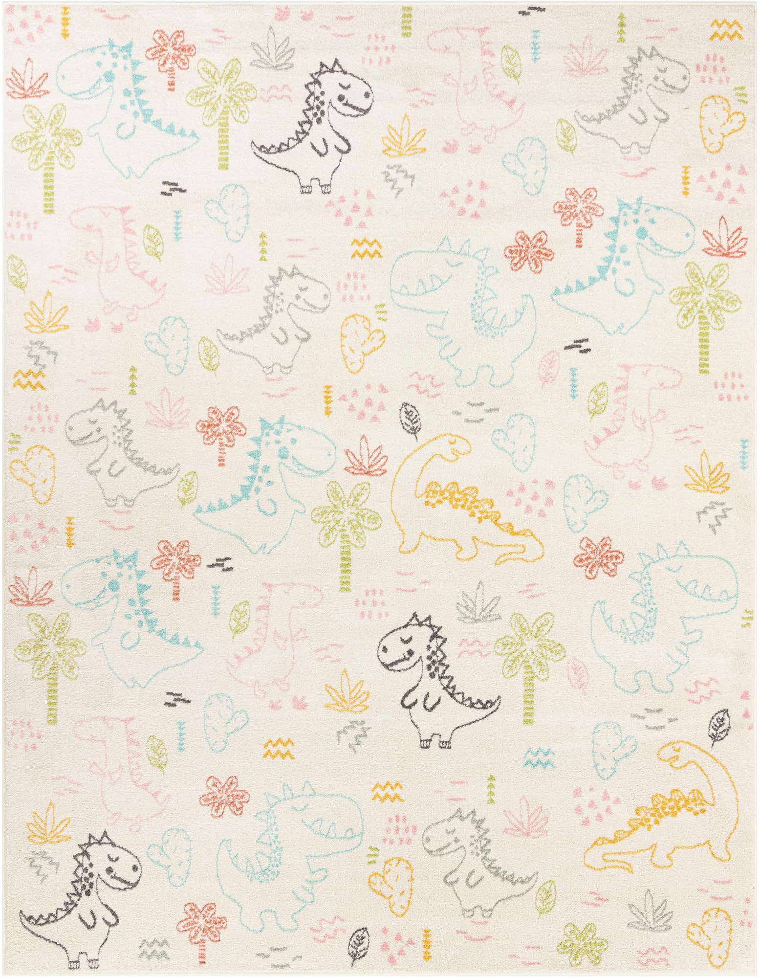 An 8x10 ivory rectangular rug featuring a playful pattern of outlined dinosaurs, palm trees, and leaves in pastel pink, blue, yellow, and green.
