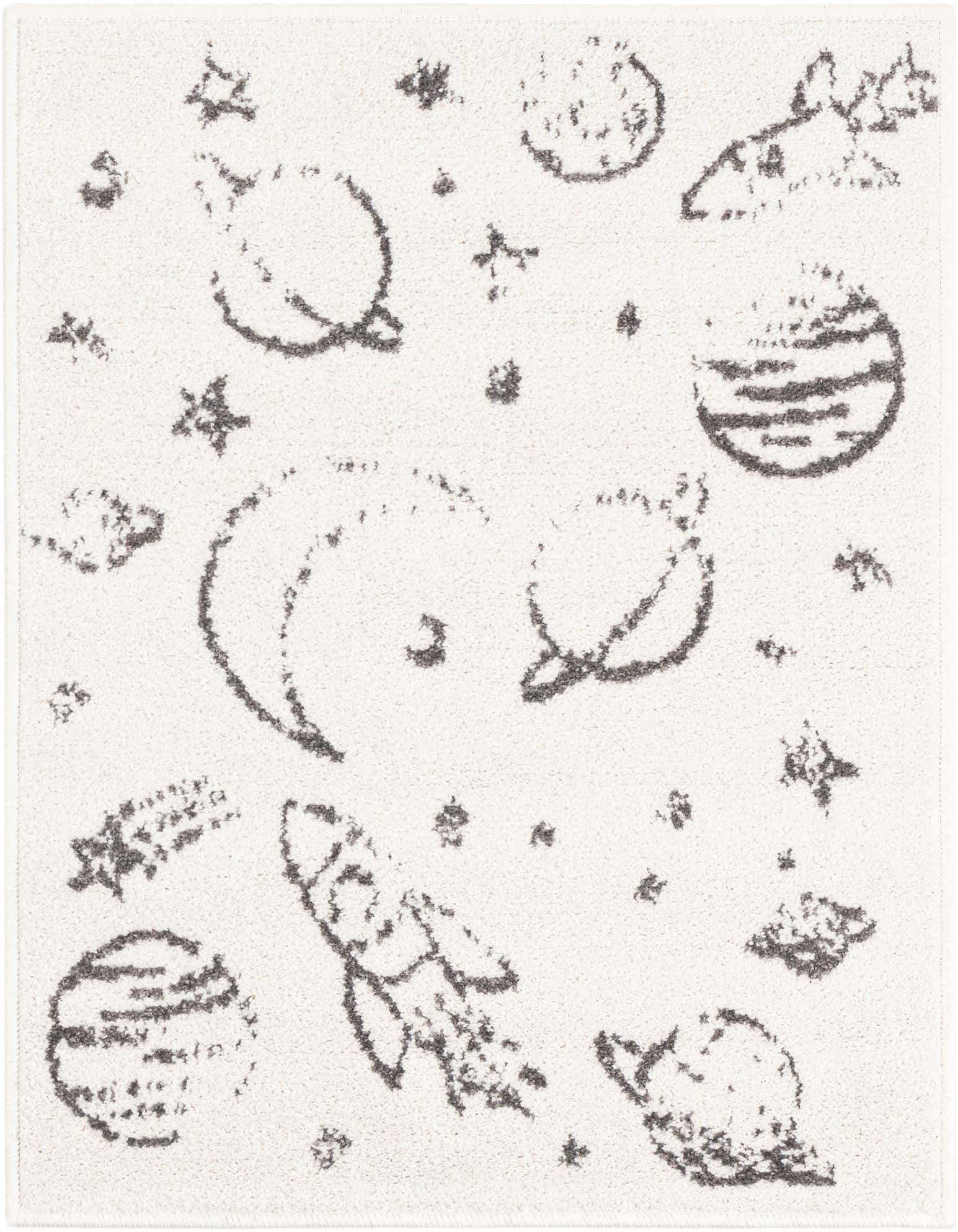 A 2x3 rectangular ivory rug with a playful dark gray space-themed pattern featuring planets, rockets, and stars.