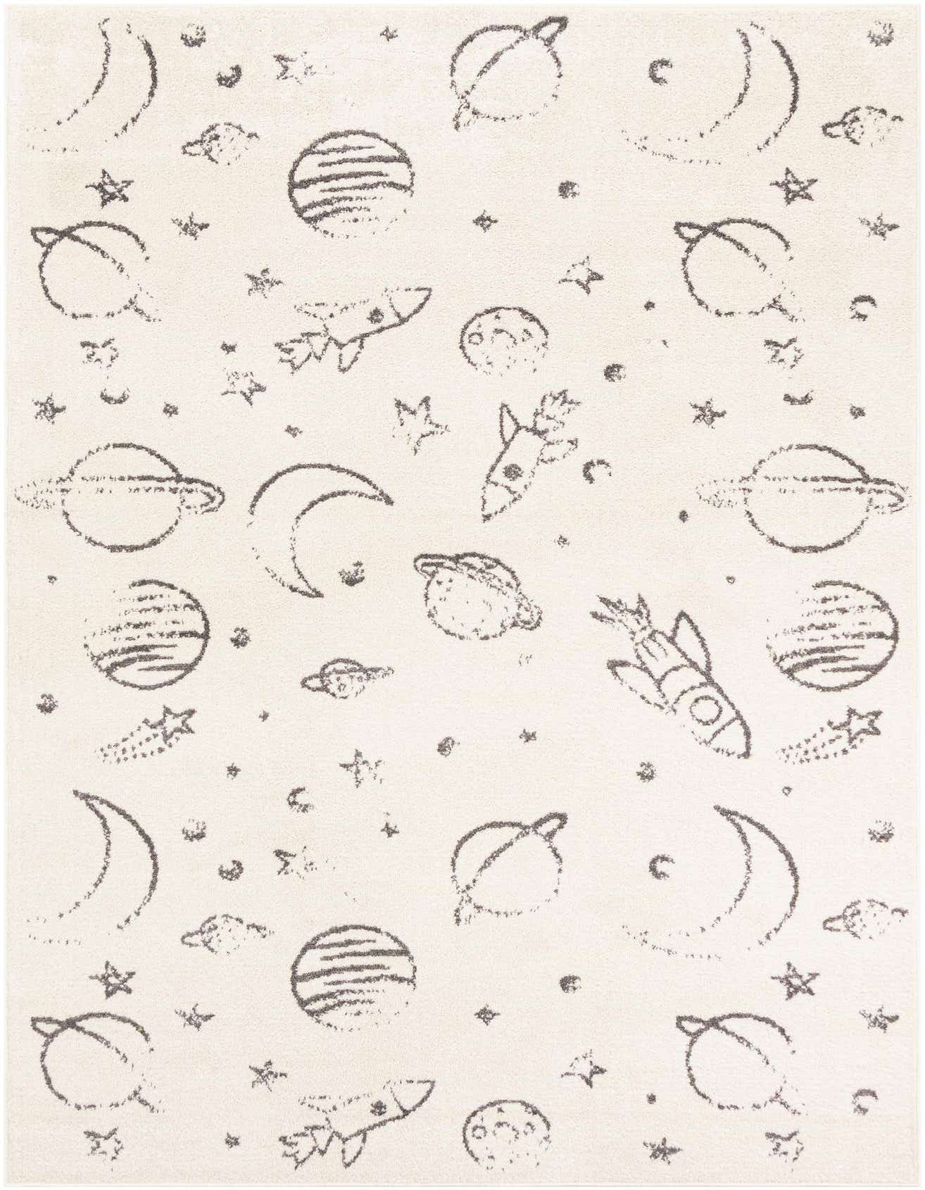A 5x8 rectangular ivory rug with a playful space-themed pattern featuring planets, moons, stars, and rockets, perfect for a child's room.