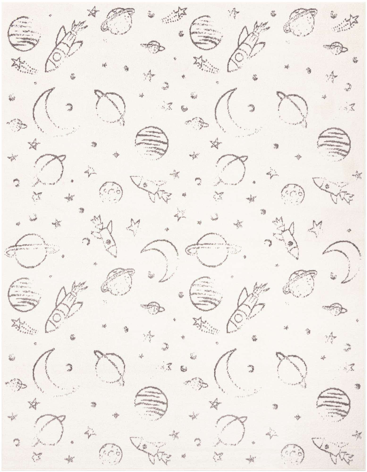 An 8x10 ivory rectangular rug with a playful gray space-themed pattern featuring rockets, planets, moons, and stars, ideal for a child's room.