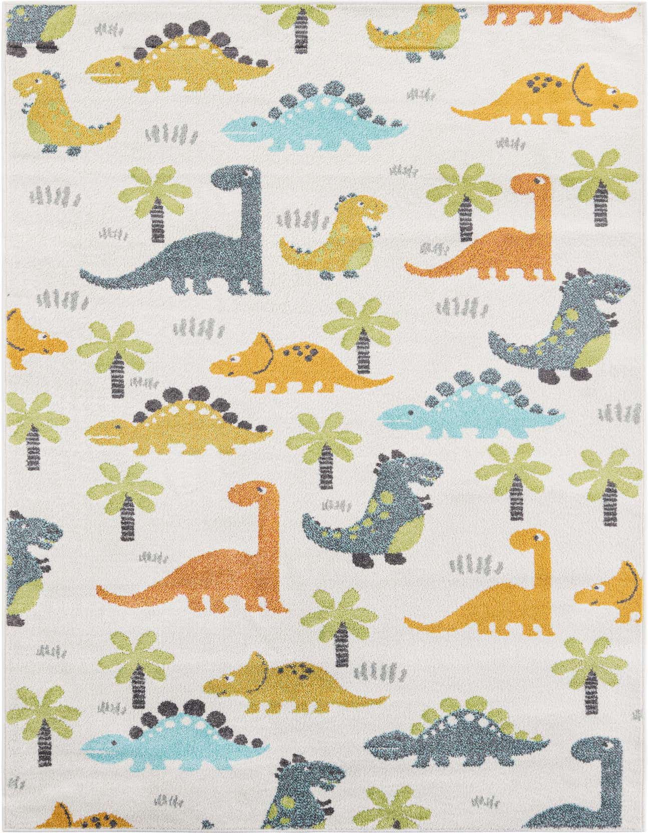 A rectangular 5x8 ivory rug with a playful pattern of colorful cartoon dinosaurs and green palm trees, perfect for a child's room.