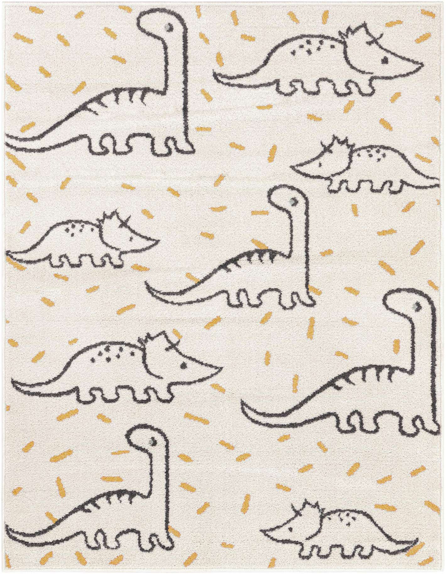 A 4x6 rectangular ivory rug featuring playful black outline drawings of dinosaurs like brontosauruses and triceratops, with small yellow dash accents.
