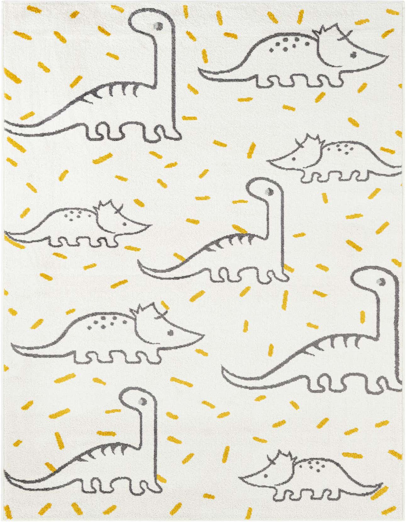 A 5x8 rectangular ivory rug with a playful pattern of gray outline dinosaurs and scattered yellow dashes, perfect for a child's room.
