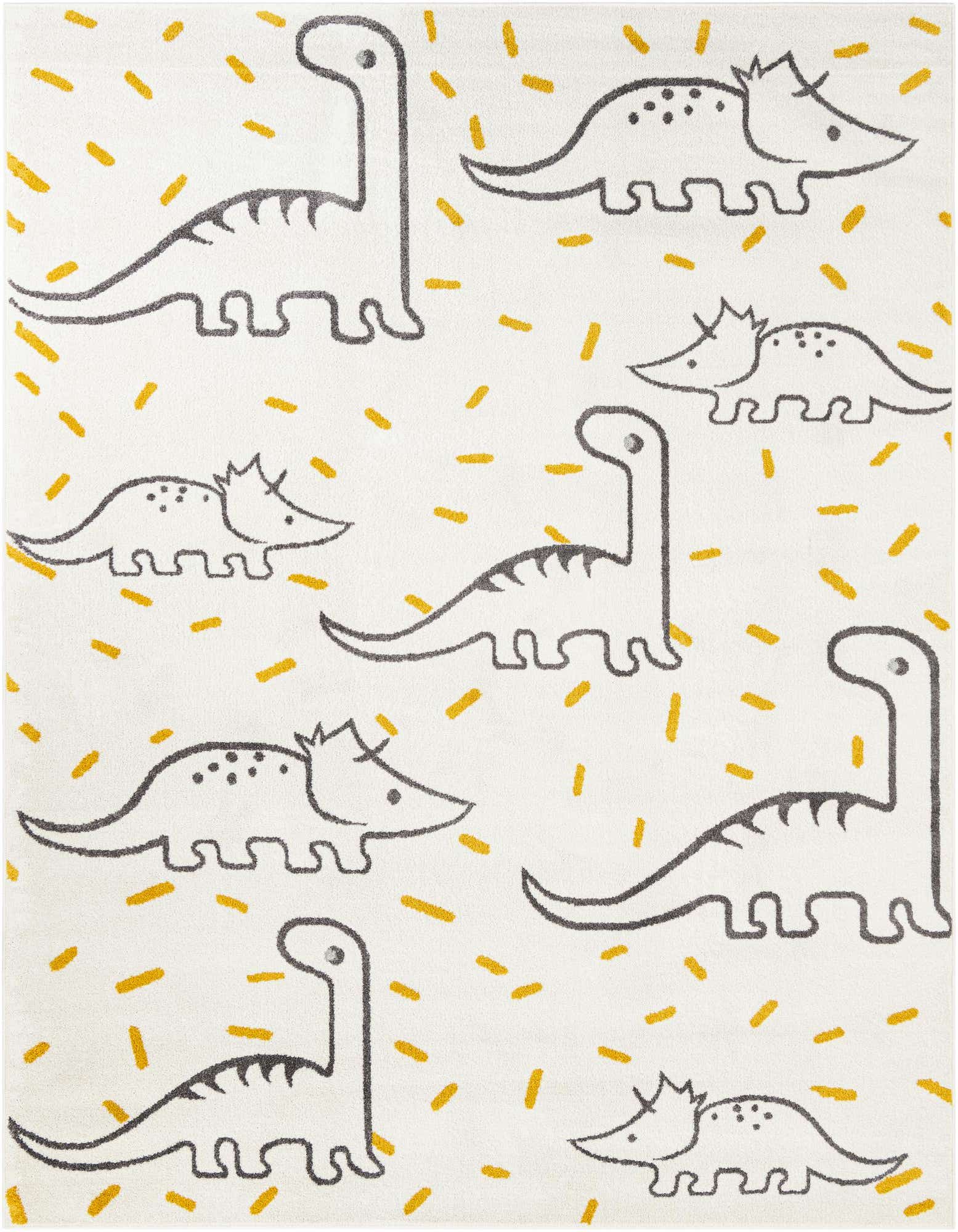 An 8x10 ivory rectangular rug featuring a playful pattern of outlined gray dinosaurs and scattered yellow dashes.