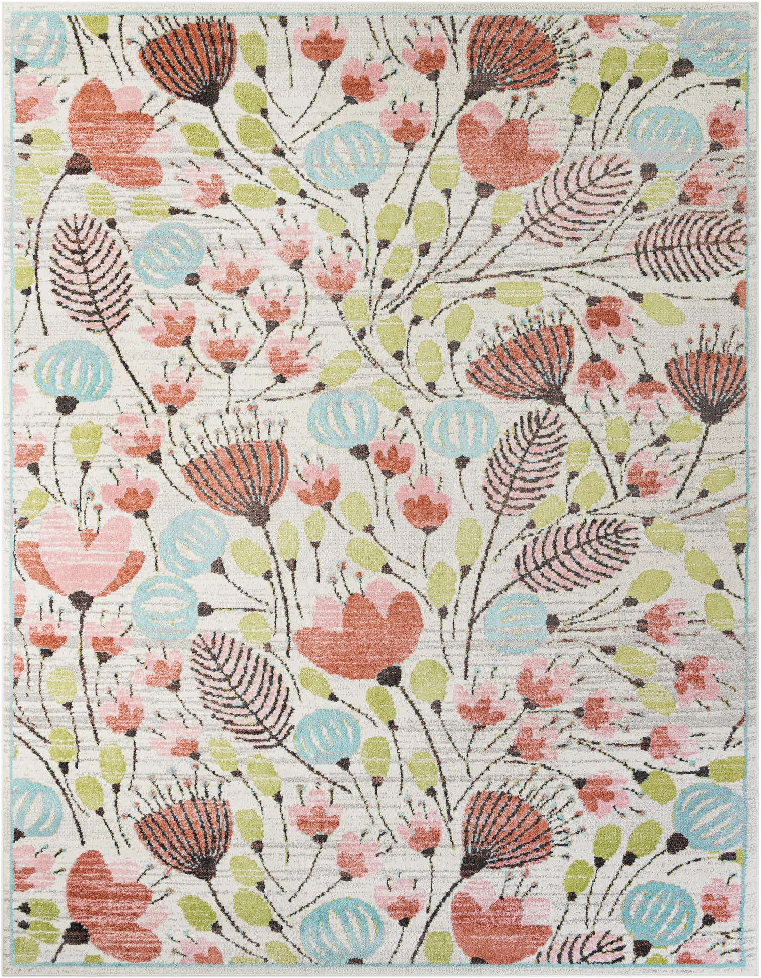 A 10x13 rectangular ivory rug featuring a modern floral pattern with pink, coral, light blue, and green botanical elements.