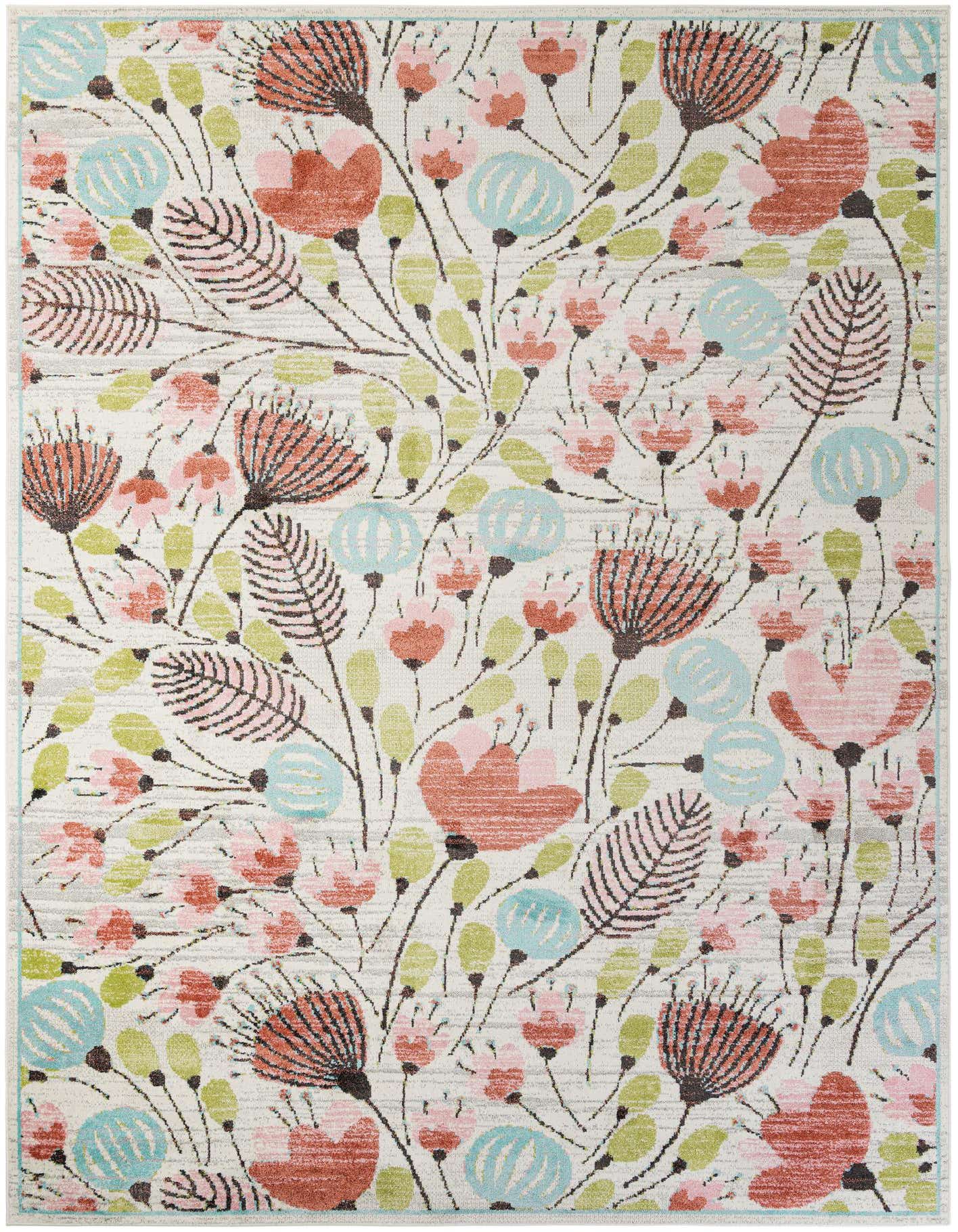 A 10x14 rectangular ivory area rug with a modern floral pattern in shades of coral, light blue, pink, and green.