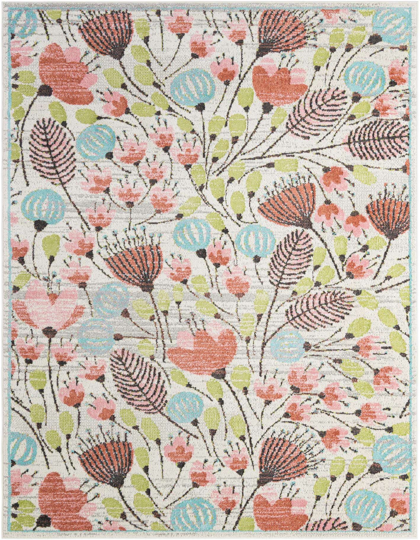 A rectangular 7x10 ivory modern floral rug with colorful pink, coral, blue, and green botanical patterns.