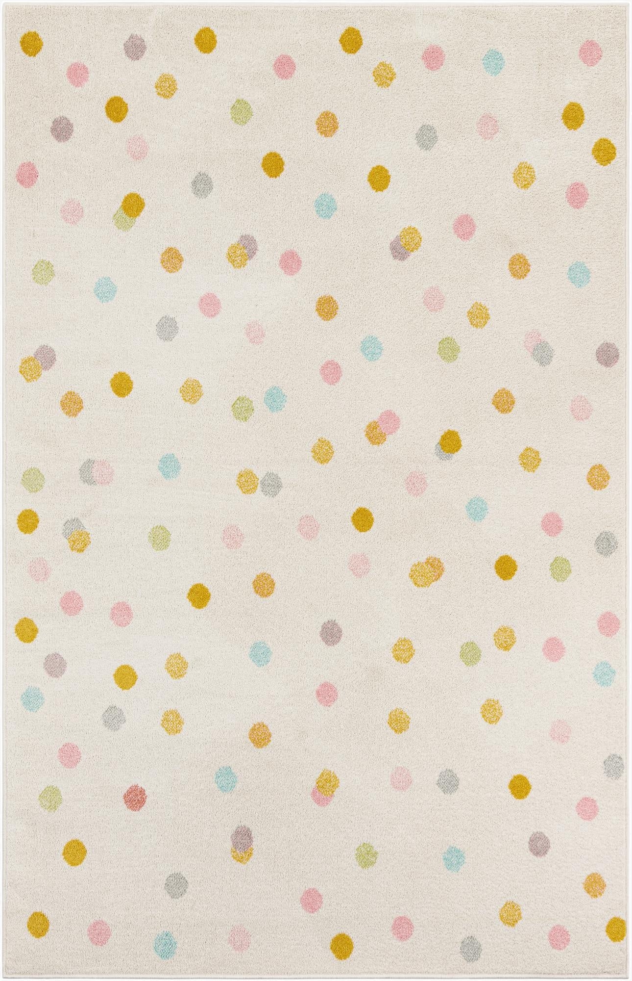 A 5x8 rectangular ivory area rug with a playful pattern of scattered polka dots in pink, yellow, blue, and gray.
