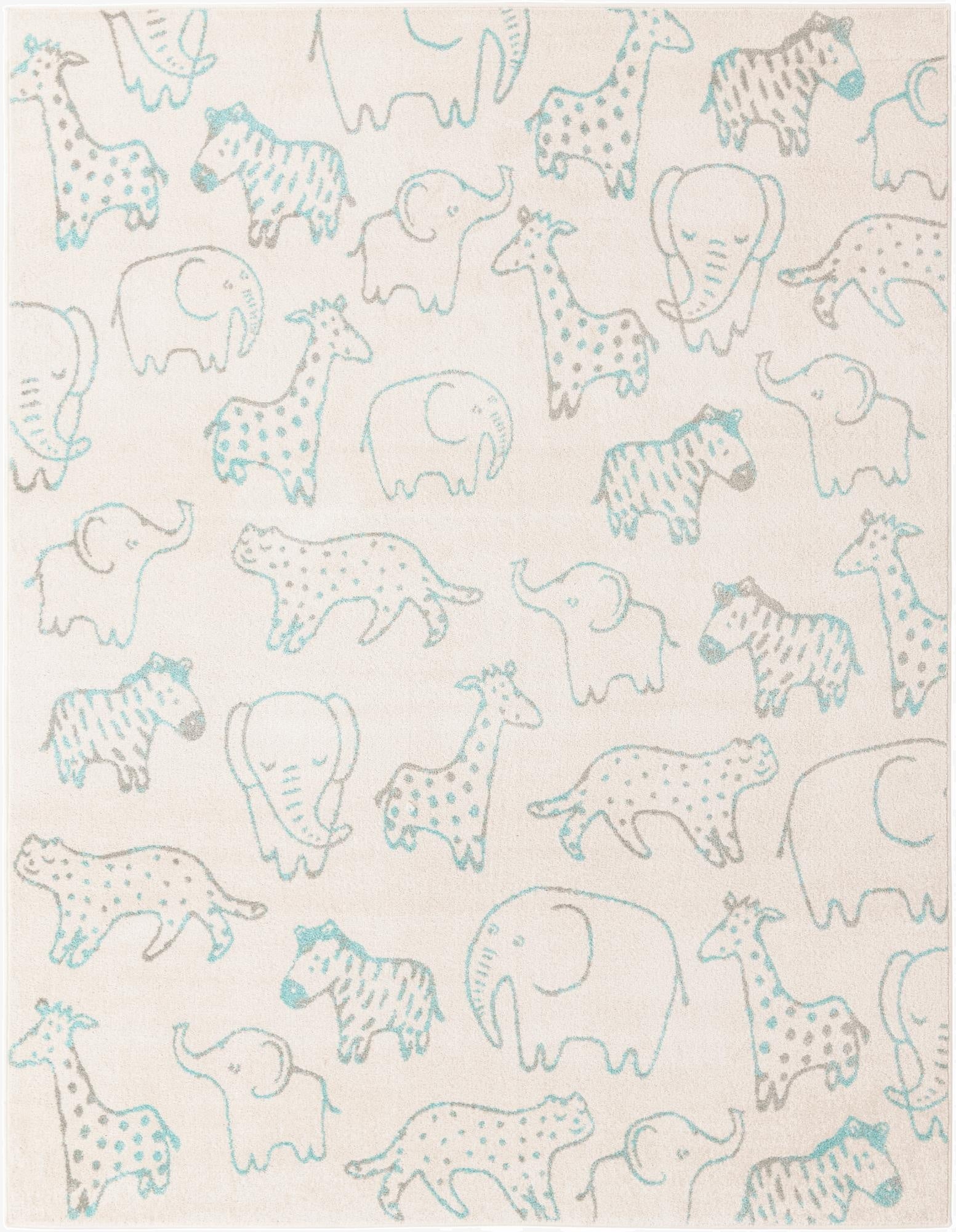 An 8x10 rectangular ivory rug featuring playful blue and gray outlined safari animals like elephants, giraffes, and zebras, perfect for a child's room.