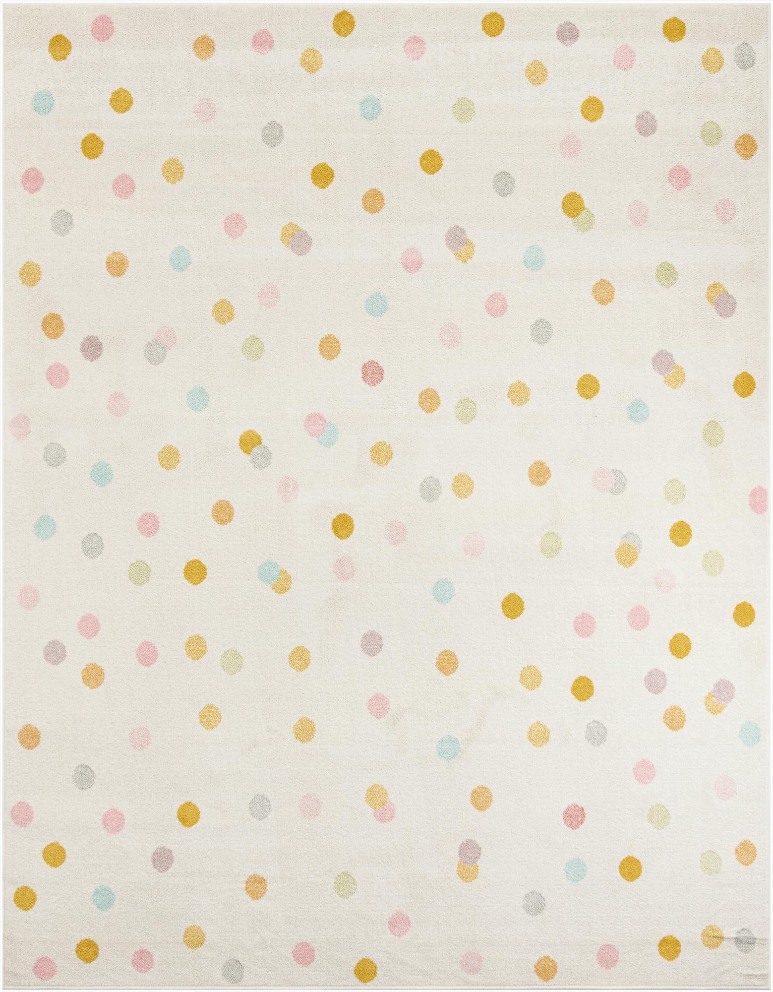 An 8x10 rectangular ivory rug featuring a playful, scattered polka dot pattern in various pastel colors like pink, blue, yellow, and gray.