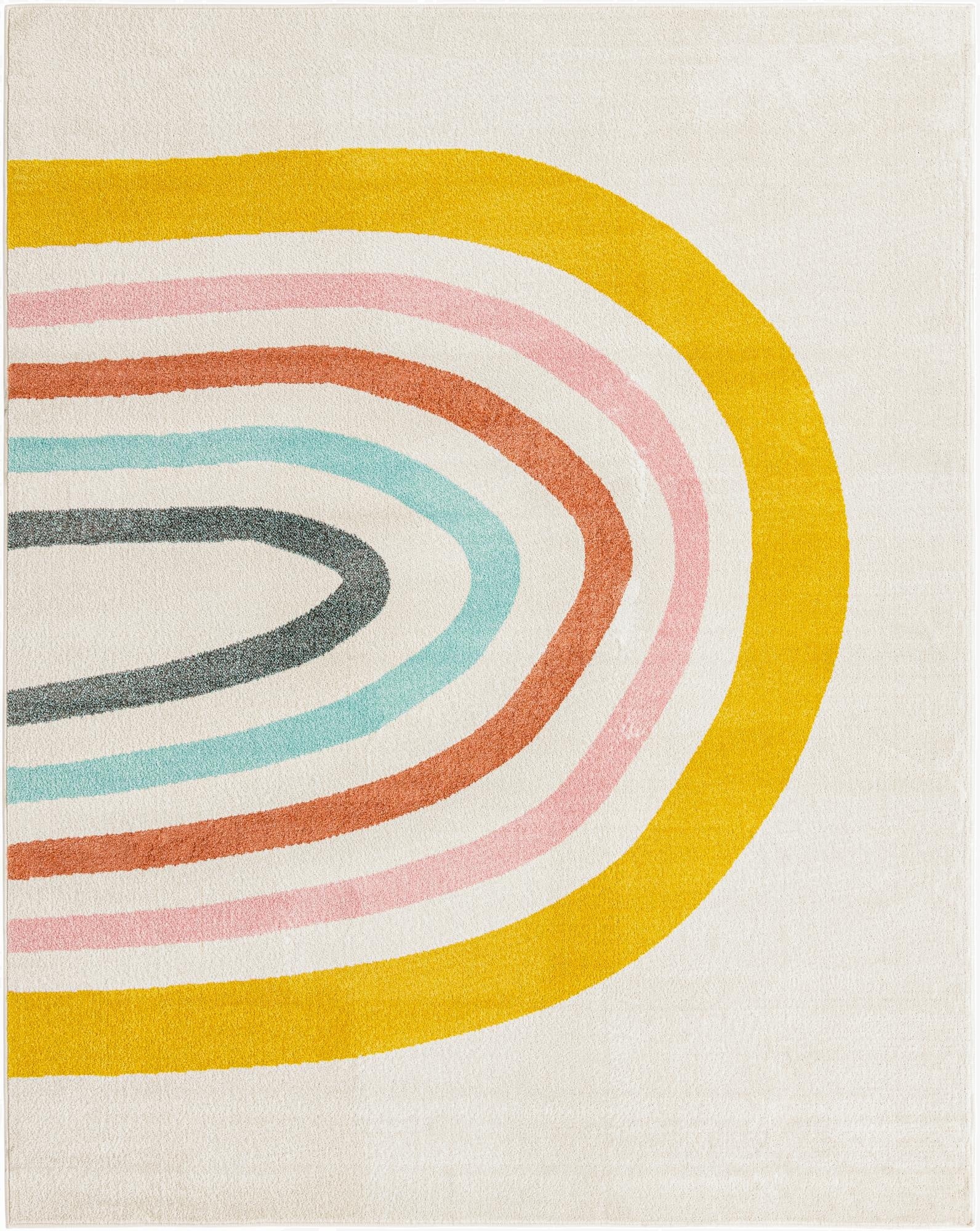 An 8x10 rectangular ivory rug with a large, curved rainbow design in yellow, pink, rust, light blue, and gray.