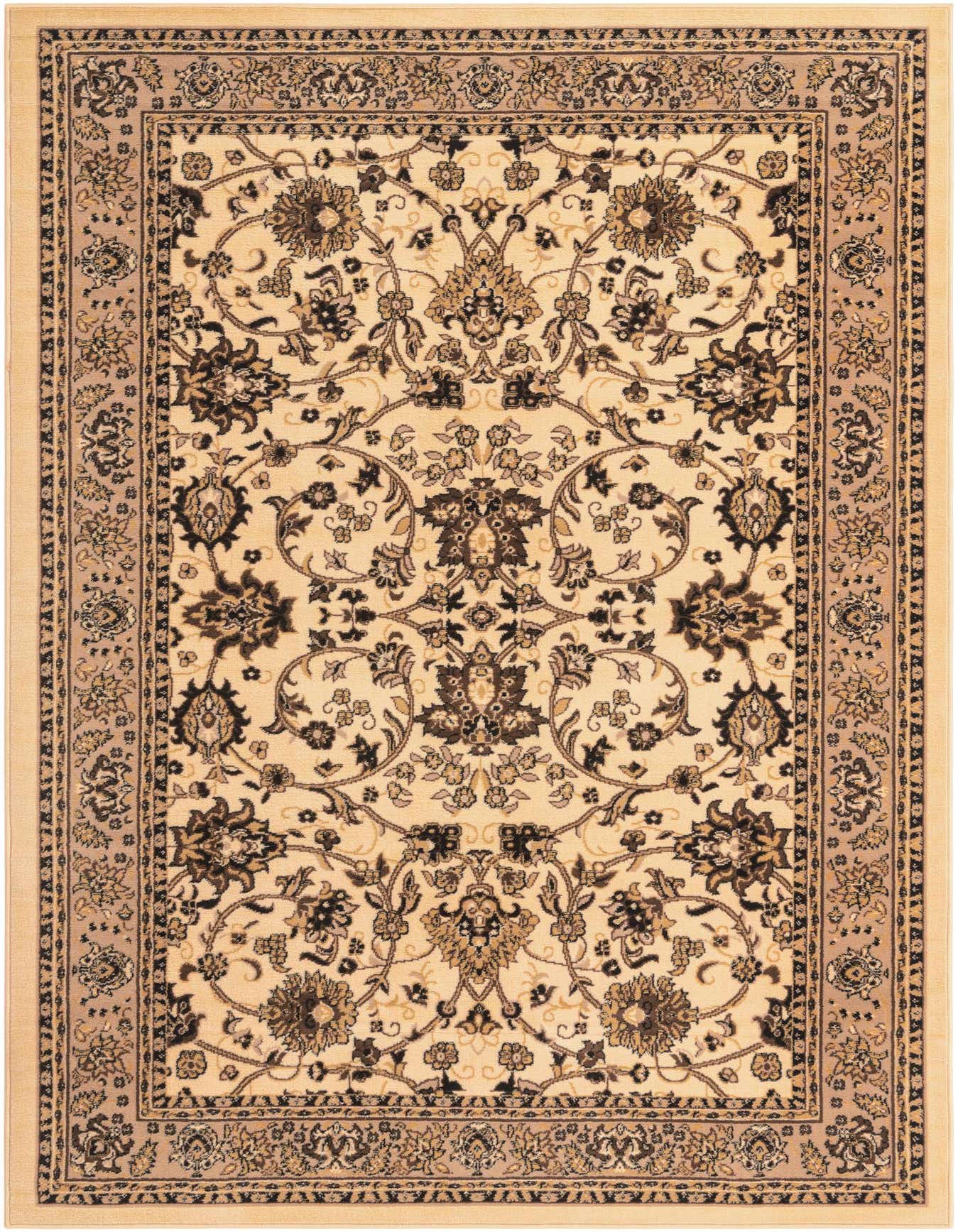 A 6x9 rectangular ivory and cream traditional area rug with an intricate black and brown floral oriental pattern, suitable for a living room.