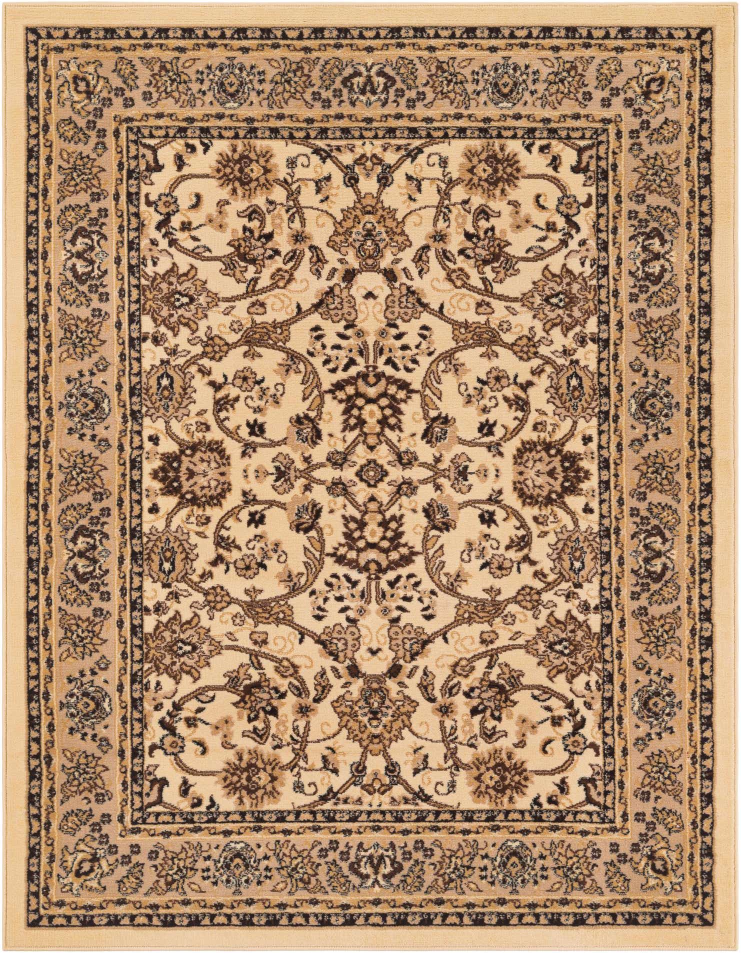 A 5x7 rectangular ivory and cream traditional area rug with an intricate floral pattern and dark brown border.