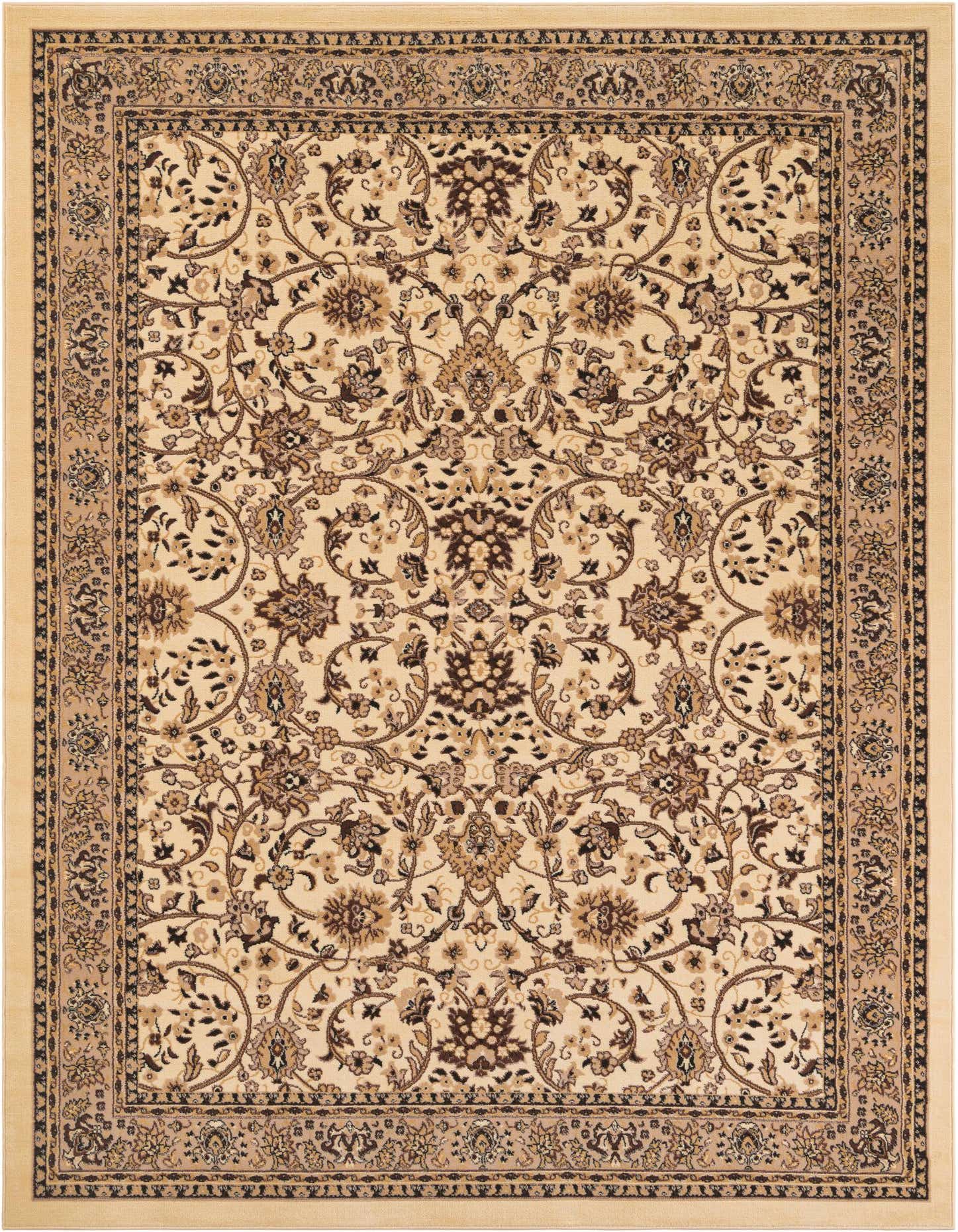 An 8x11 rectangular ivory and cream area rug with a detailed traditional floral pattern and a decorative border.