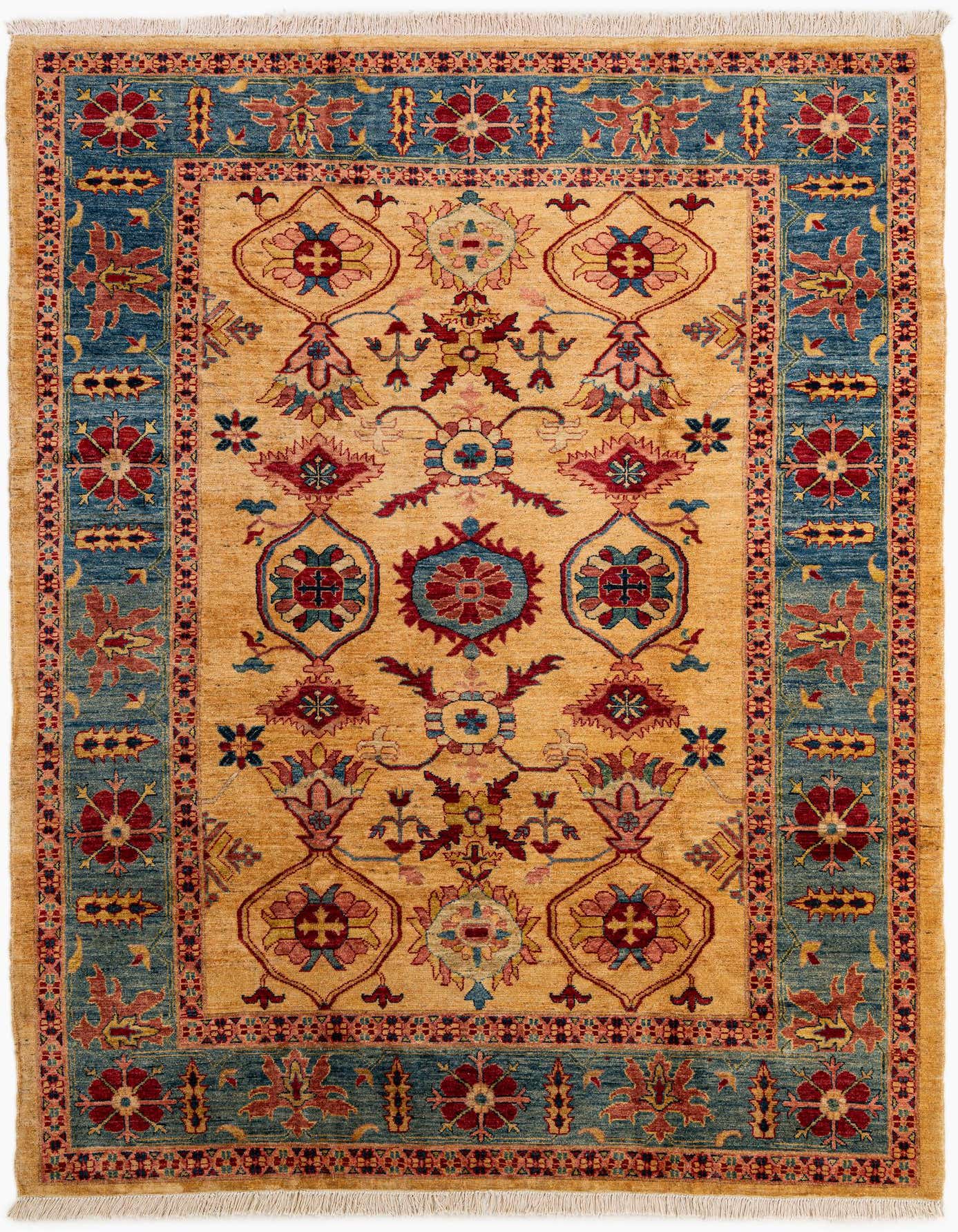 A 6x9 rectangular Ziegler rug with an ivory field, featuring traditional red, blue, and gold oriental patterns and a blue border.