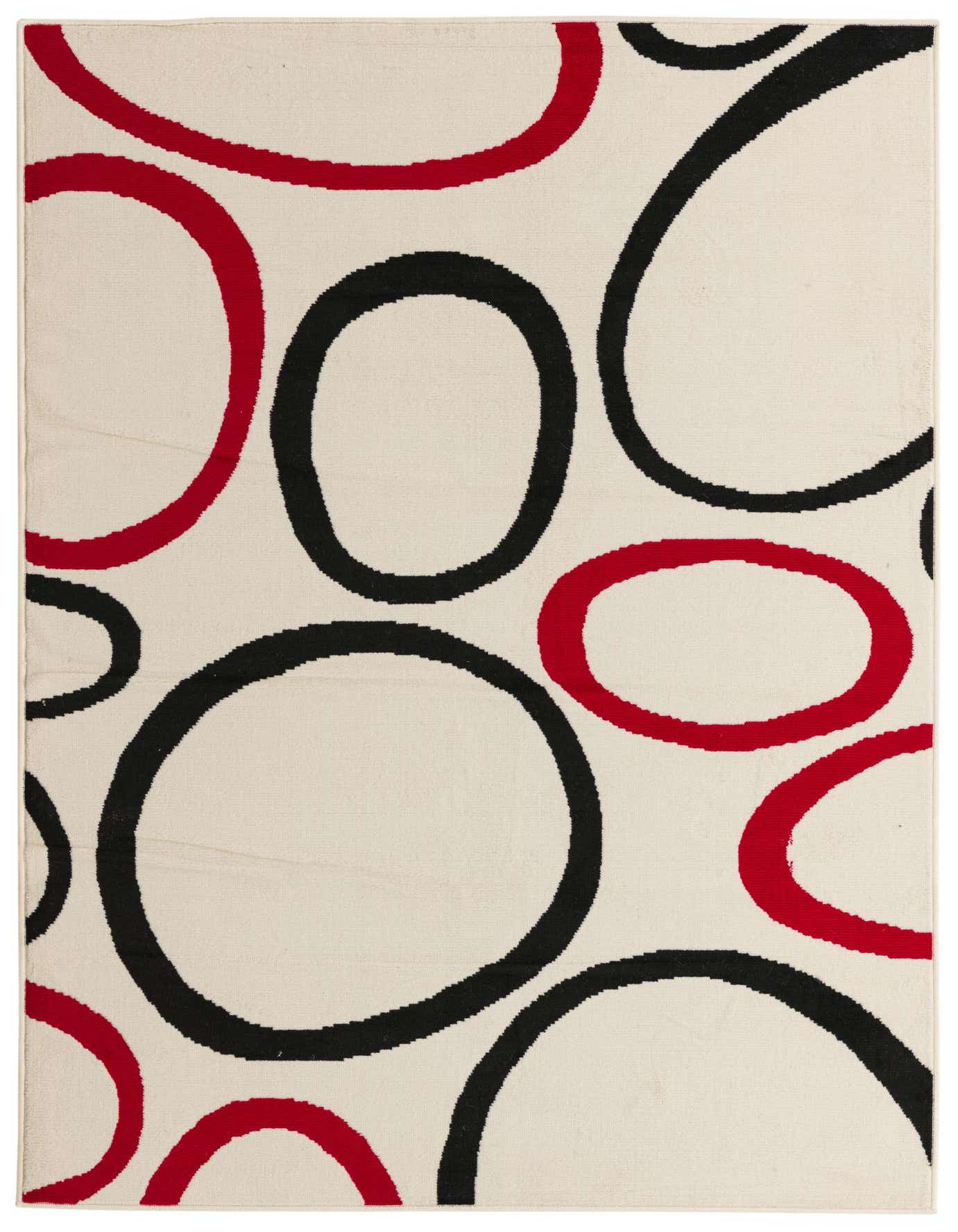 A 5x8 rectangular ivory rug with a modern abstract pattern of large red and black interlocking circles.