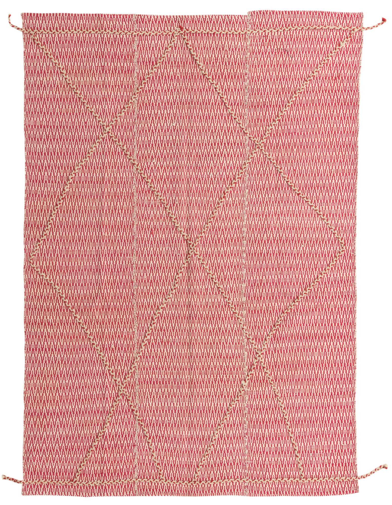 A 6x9 rectangular ivory and red tribal wool shag rug with a modern abstract pattern, suitable for a living room.