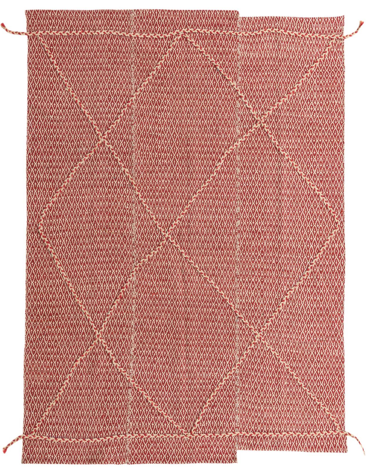 A 5x8 rectangular ivory and red Moroccan tribal shag rug with a modern abstract diamond pattern.