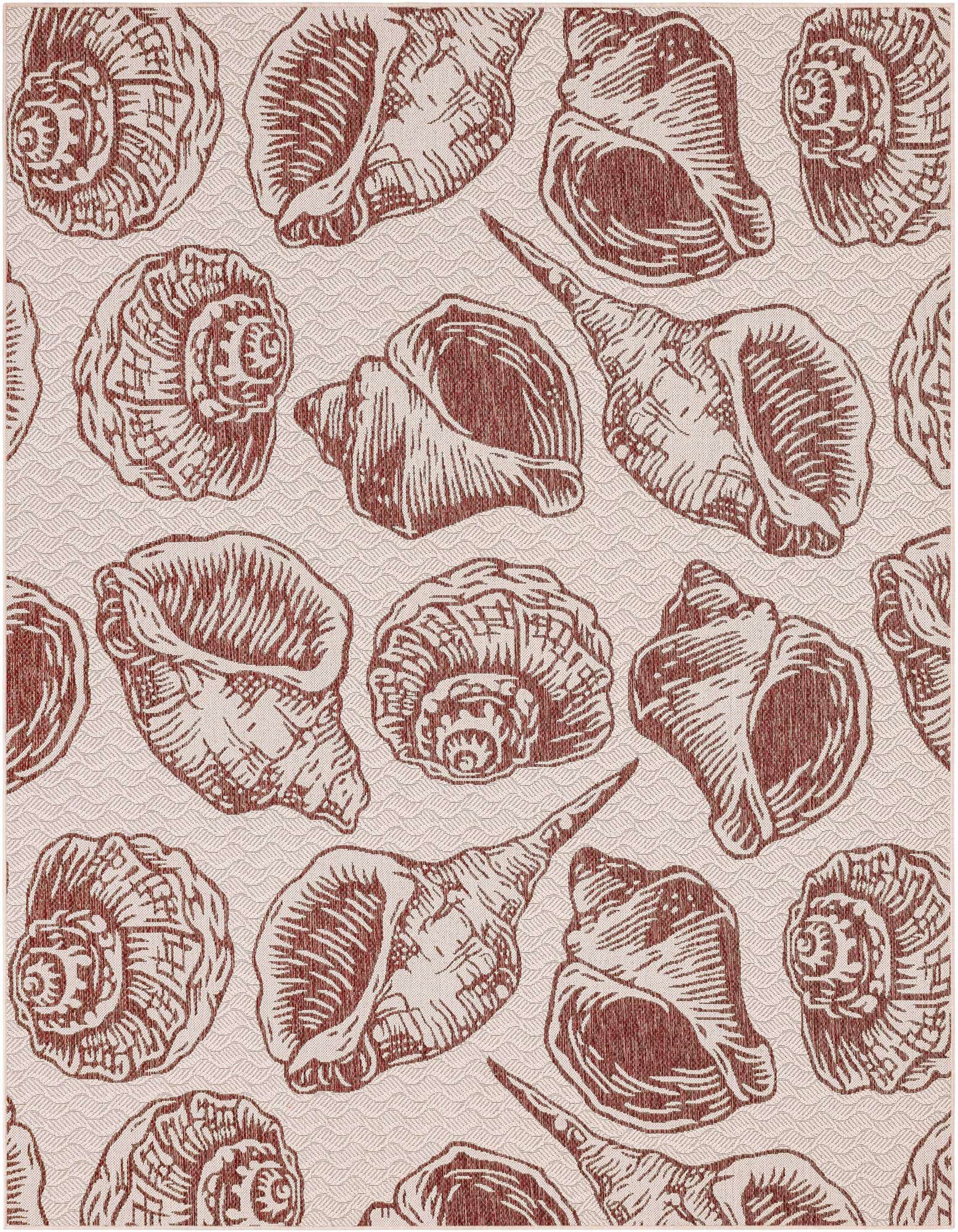 An 8x10 rectangular ivory and red coastal rug with various seashell patterns, suitable for indoor or outdoor use.
