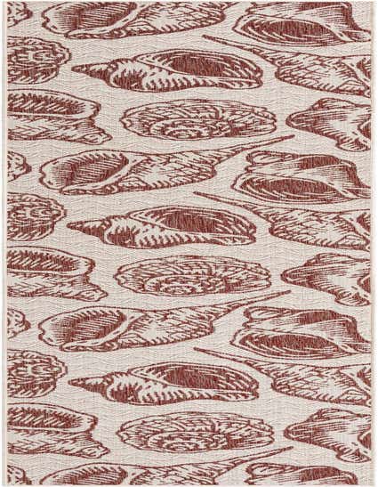 A 12 ft runner rug featuring a repeating pattern of various red seashells on an ivory and cream textured background, suitable for a hallway or patio.