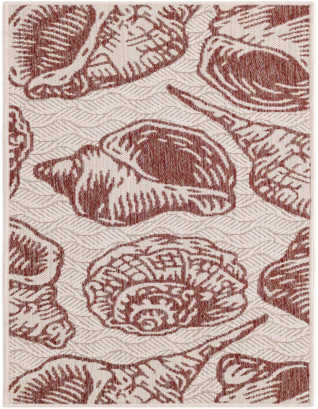 A 4 ft runner rug with a cream background and large, detailed red seashell patterns, ideal for a hallway or patio.