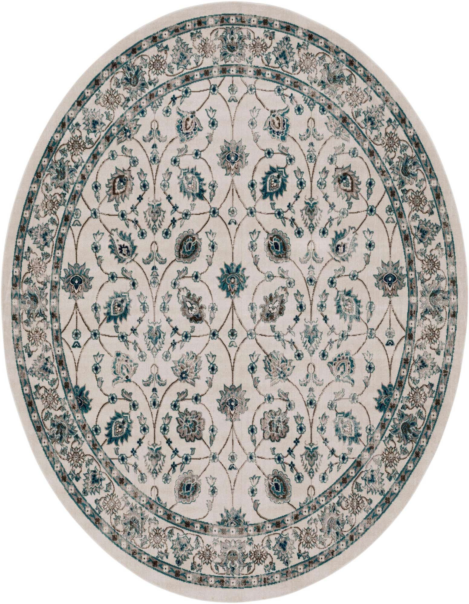 A round ivory and cream rug with a detailed teal and brown traditional floral and botanical pattern.