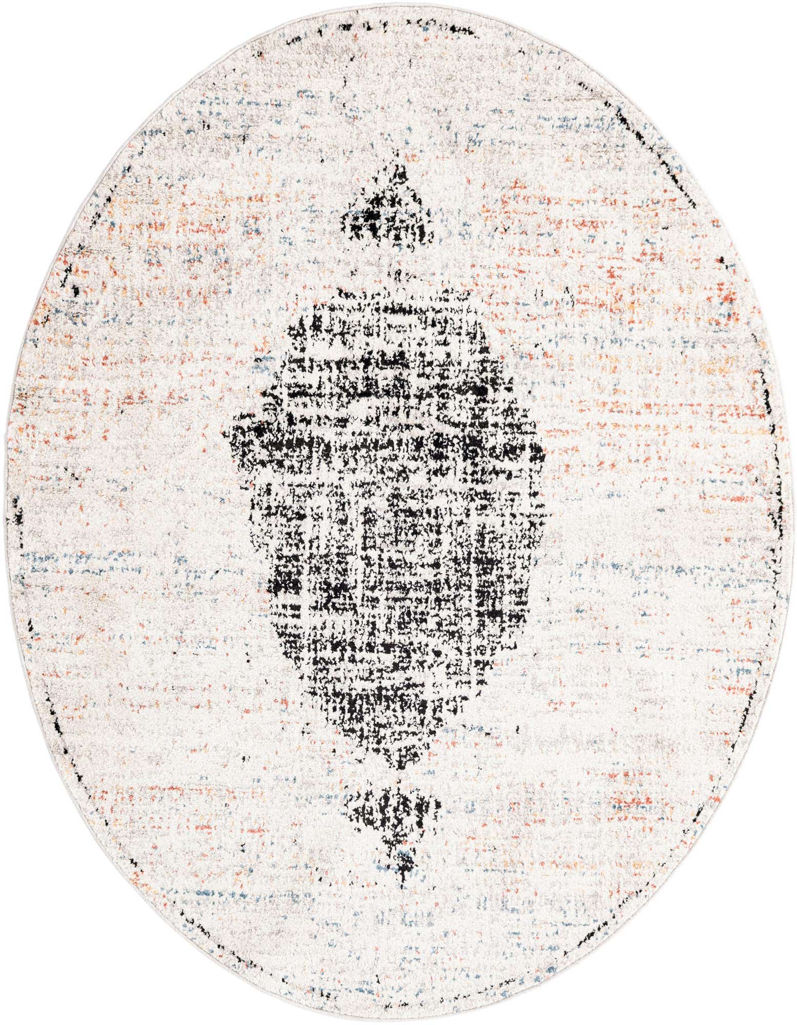 A 5' 3 x 5' 3 round ivory and cream rug with a distressed black stripe pattern, suitable for indoor spaces.