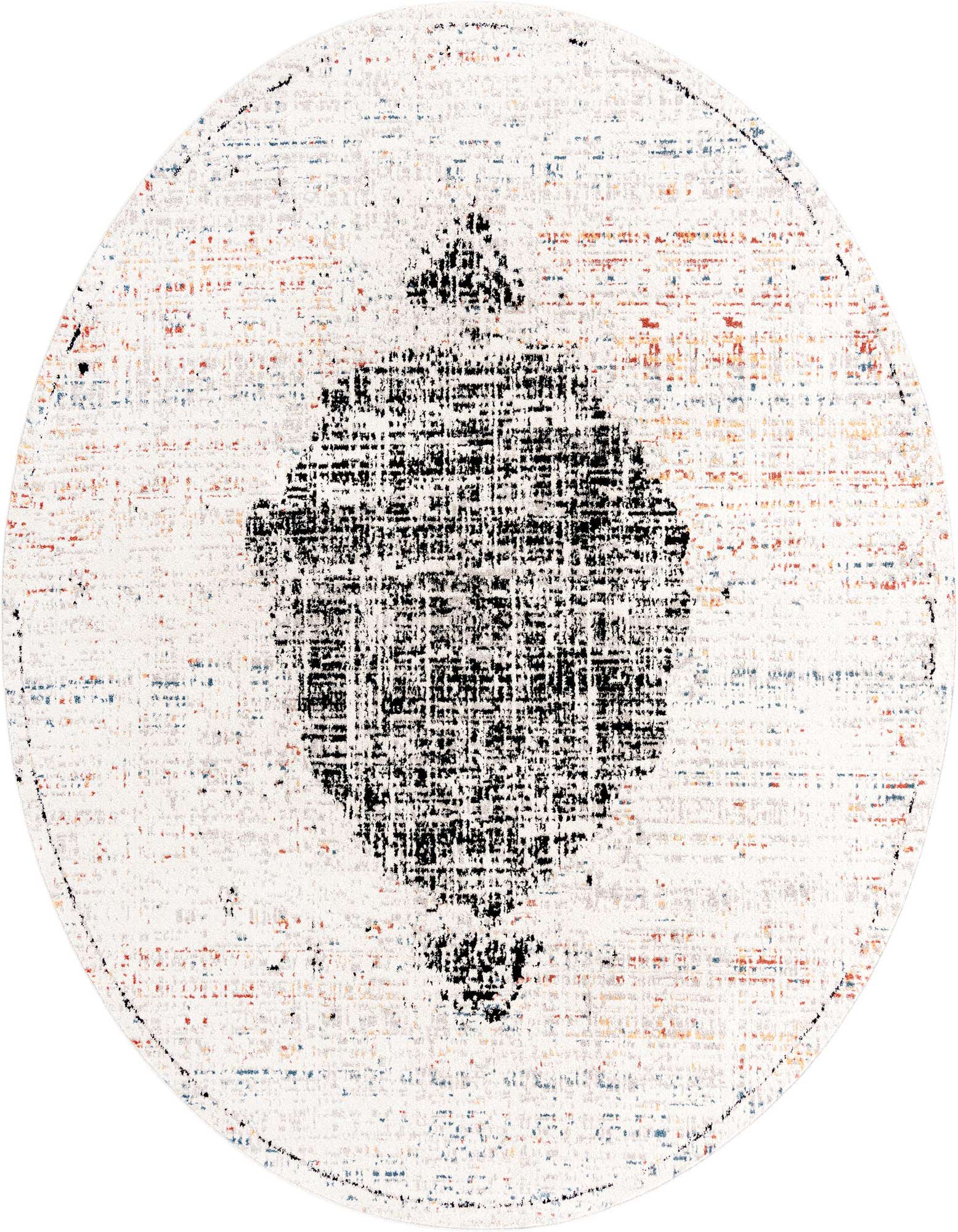 A 10-foot round ivory and cream modern medallion rug with a distressed black central design and subtle orange and blue accents.