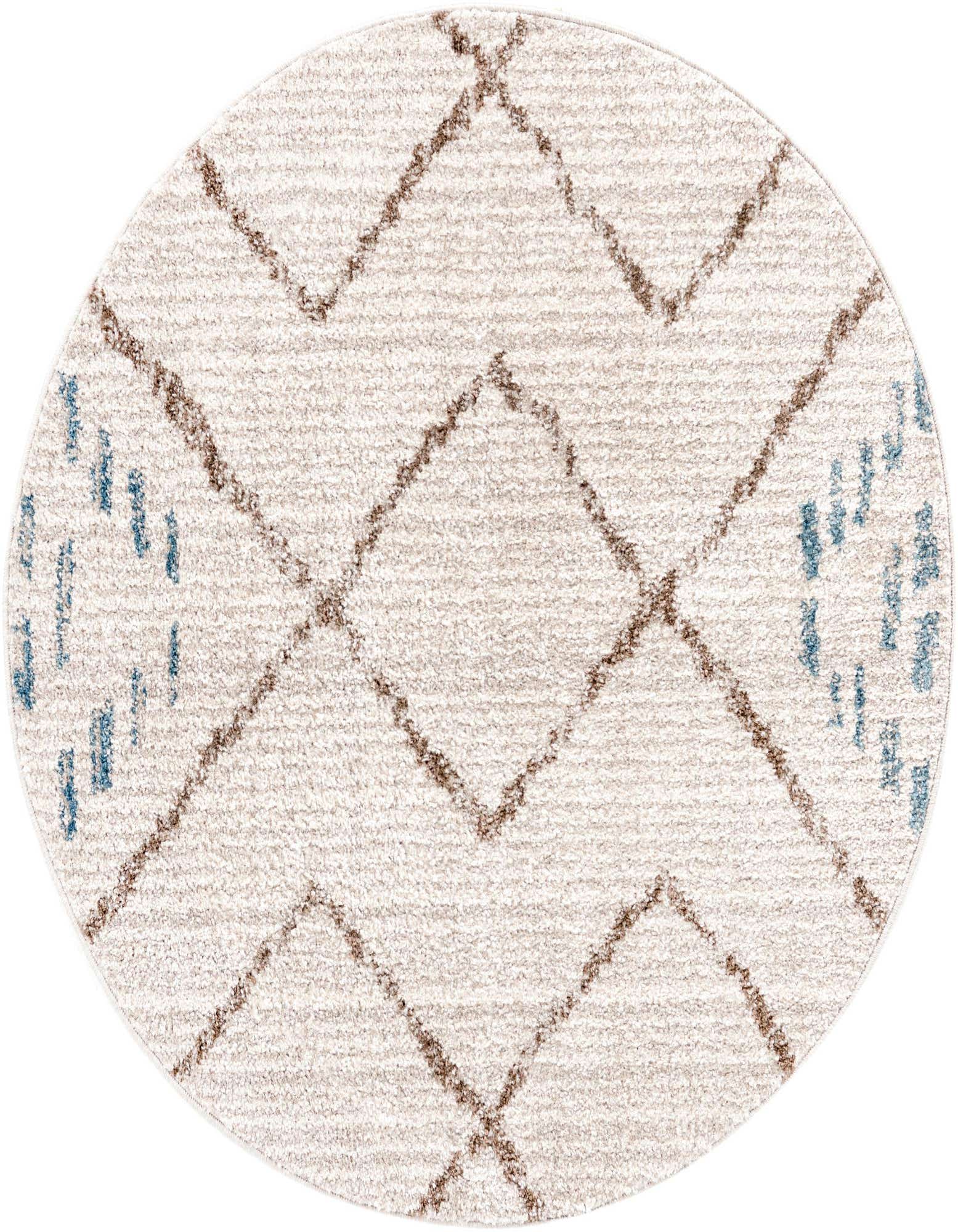 Round ivory and cream rug with a modern stripe pattern in brown and accents of blue, featuring a high pile.