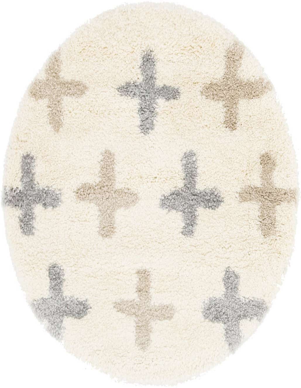 A round ivory shag rug with a modern Scandinavian pattern of alternating gray and beige plus signs.