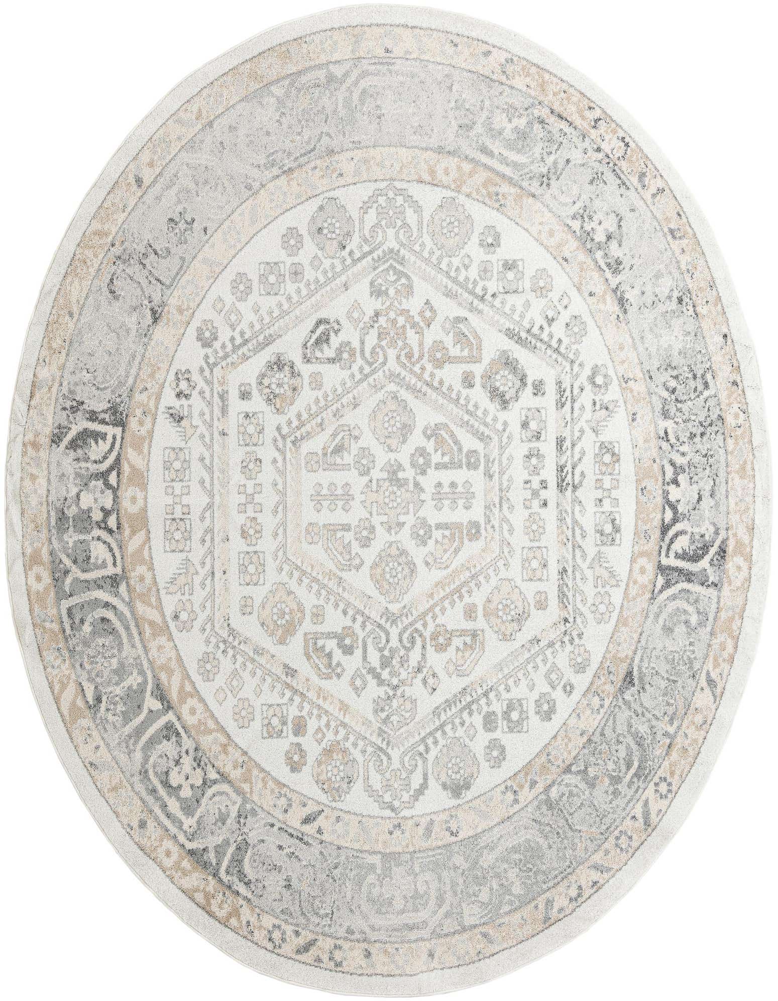 A 10-foot round ivory and cream rug with a distressed traditional medallion and tribal pattern.