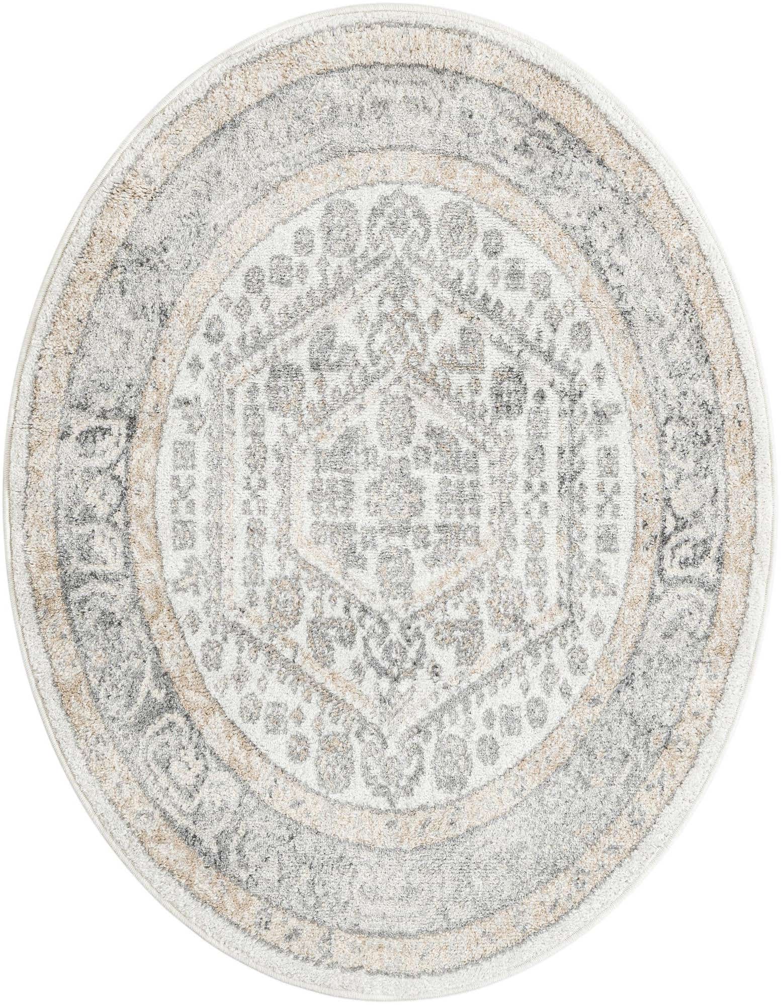 A 4' 1 x 4' 1 round Aurelia rug featuring a traditional medallion pattern in ivory, cream, and gray tones.