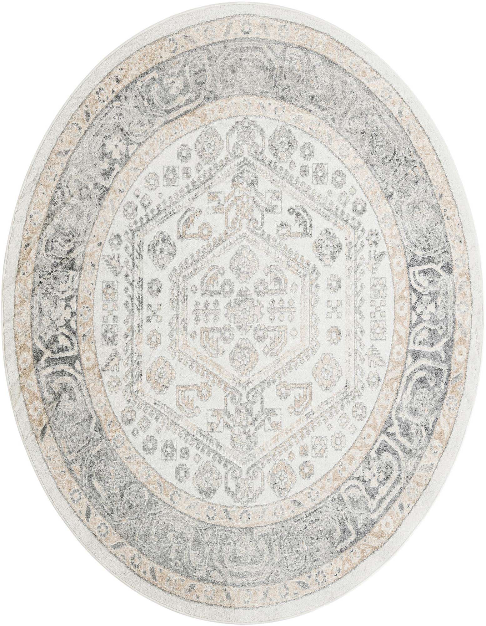 A 7' 10 round ivory and cream rug with a traditional medallion and tribal pattern, featuring gray and beige accents.