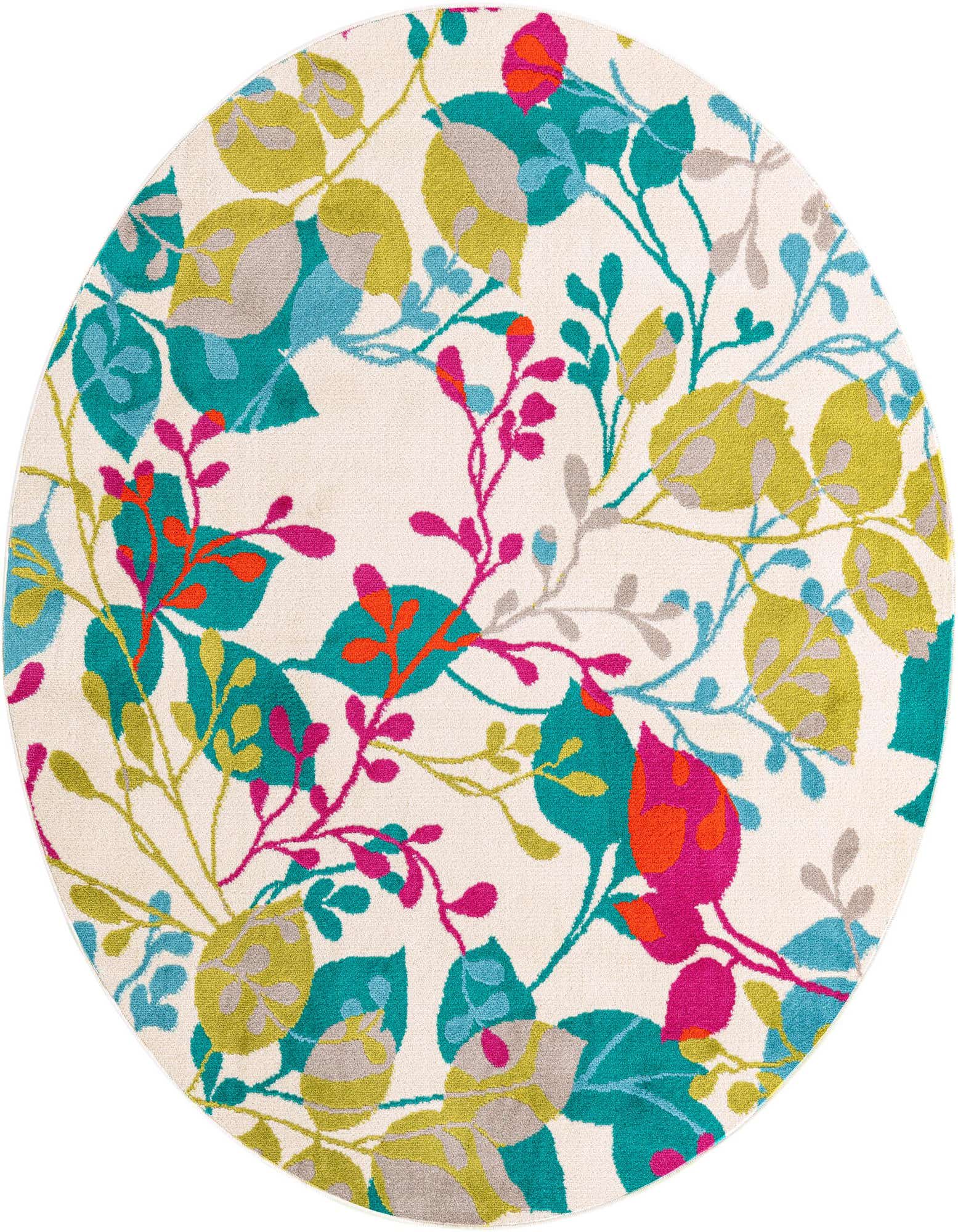 A round ivory rug with a vibrant modern botanical pattern featuring teal, lime green, fuchsia, and orange leaves and branches.