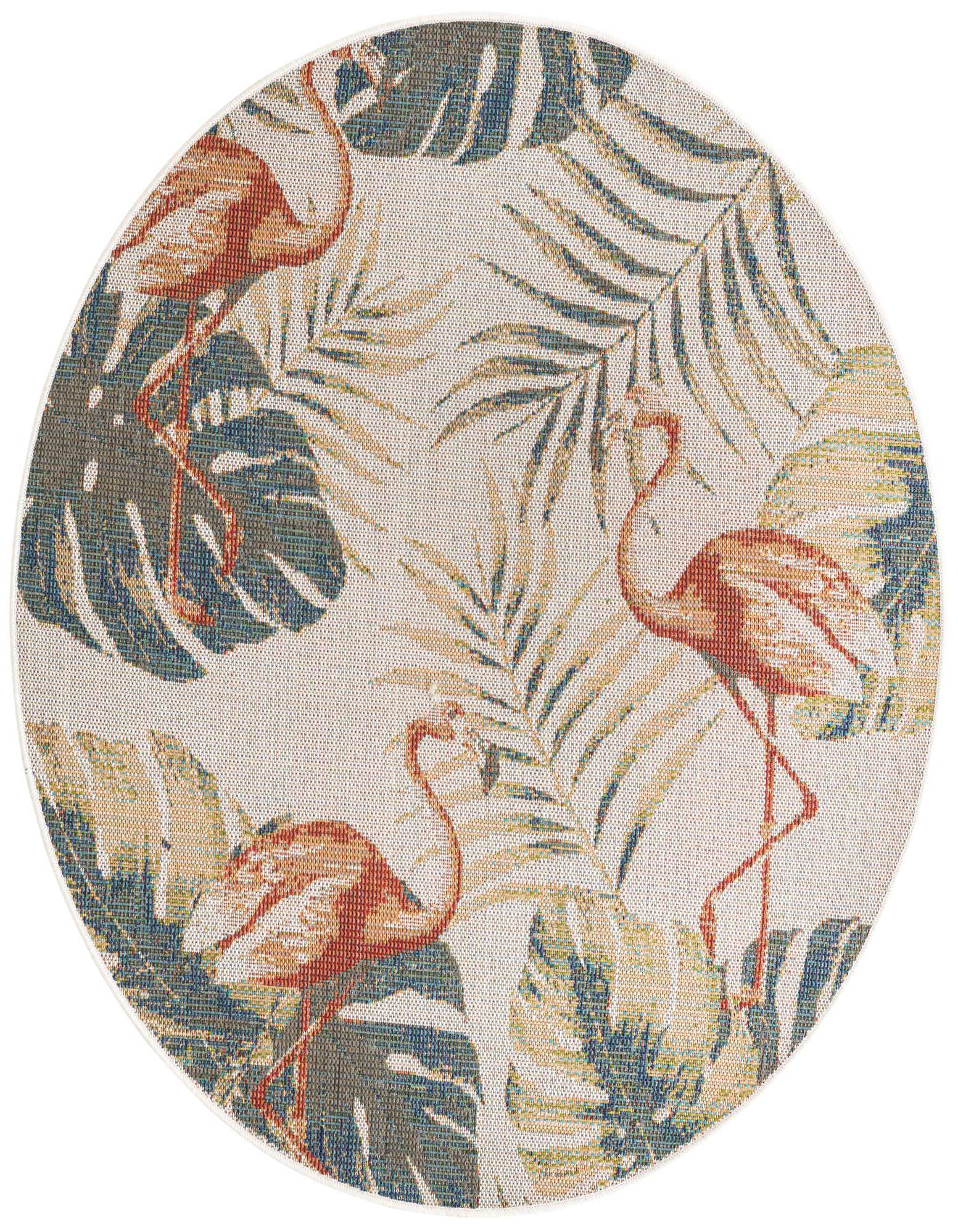 Round ivory rug with a vibrant coastal botanical pattern featuring orange flamingos and green and blue palm leaves.