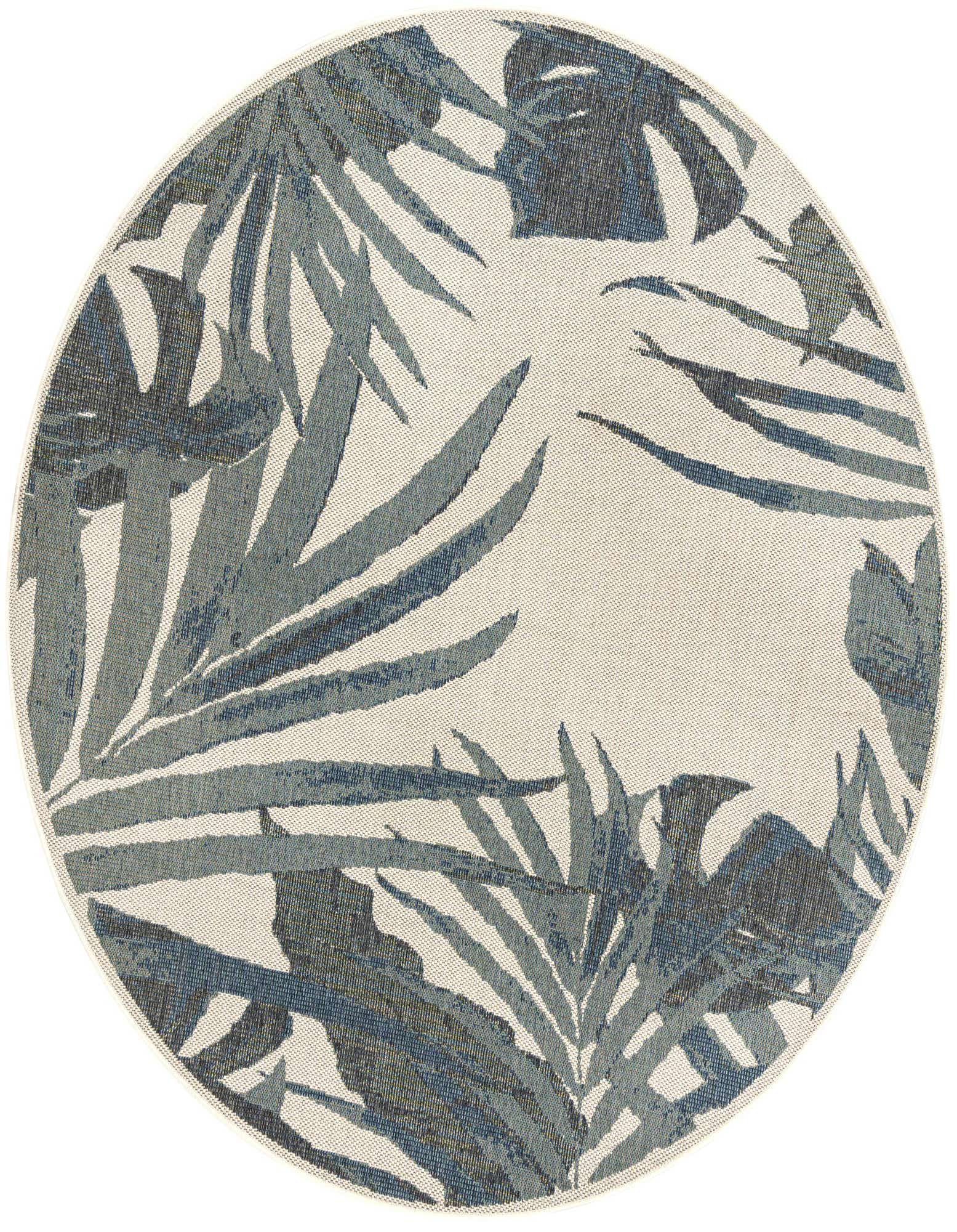 A round 7' 10" ivory and blue rug with a modern botanical palm leaf pattern, suitable for indoor or outdoor use.