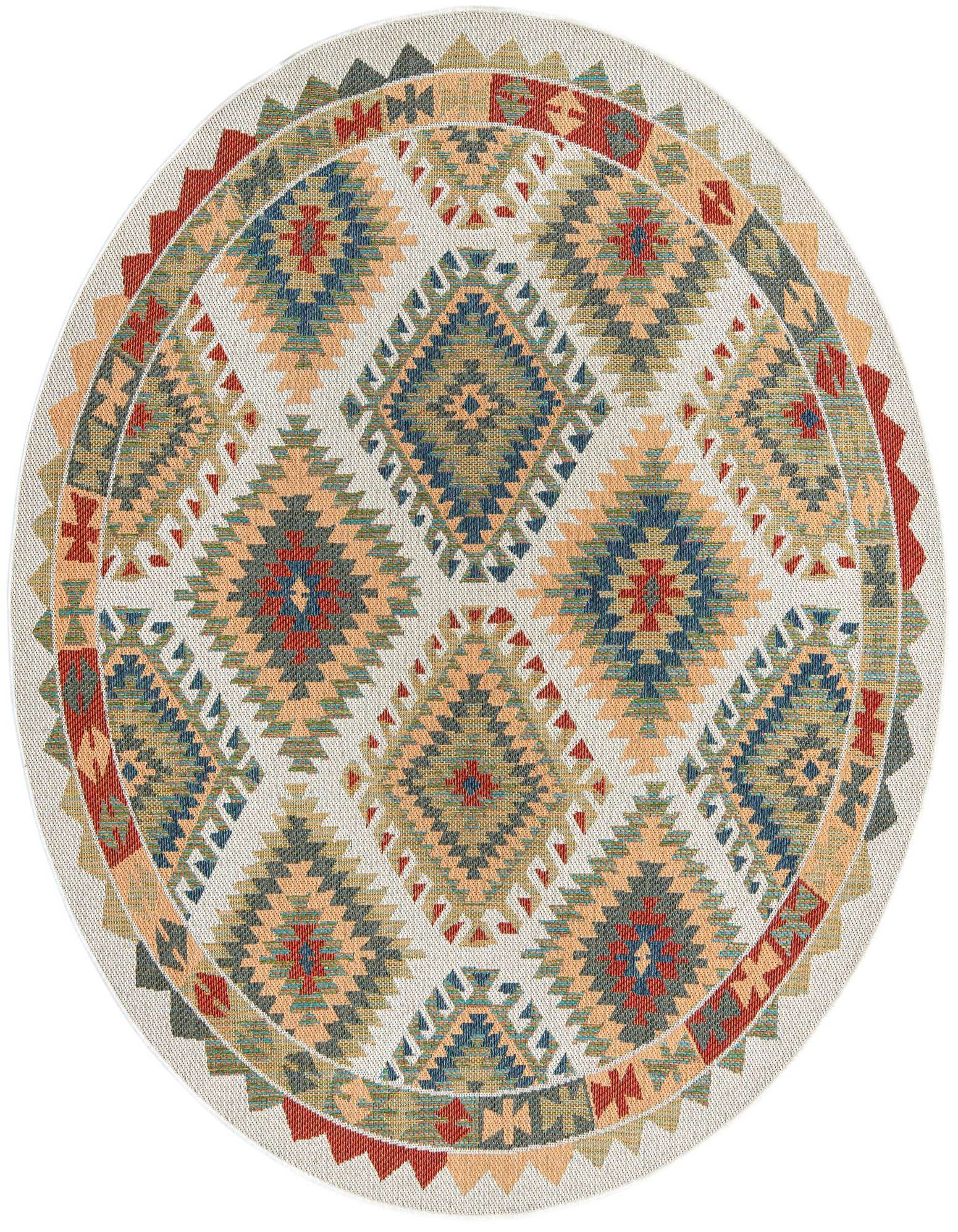 A round ivory Southwestern rug with a tribal pattern in blue, orange, red, and green, suitable for a patio.