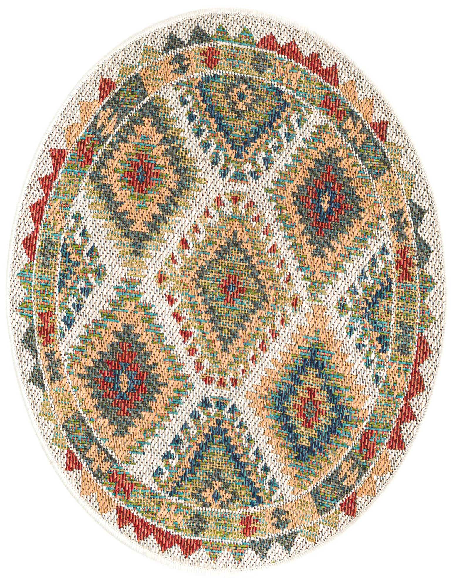 A round, flatweave Baja Outdoor rug with a Southwestern tribal pattern in ivory, cream, and multi-color tones, suitable for a patio.
