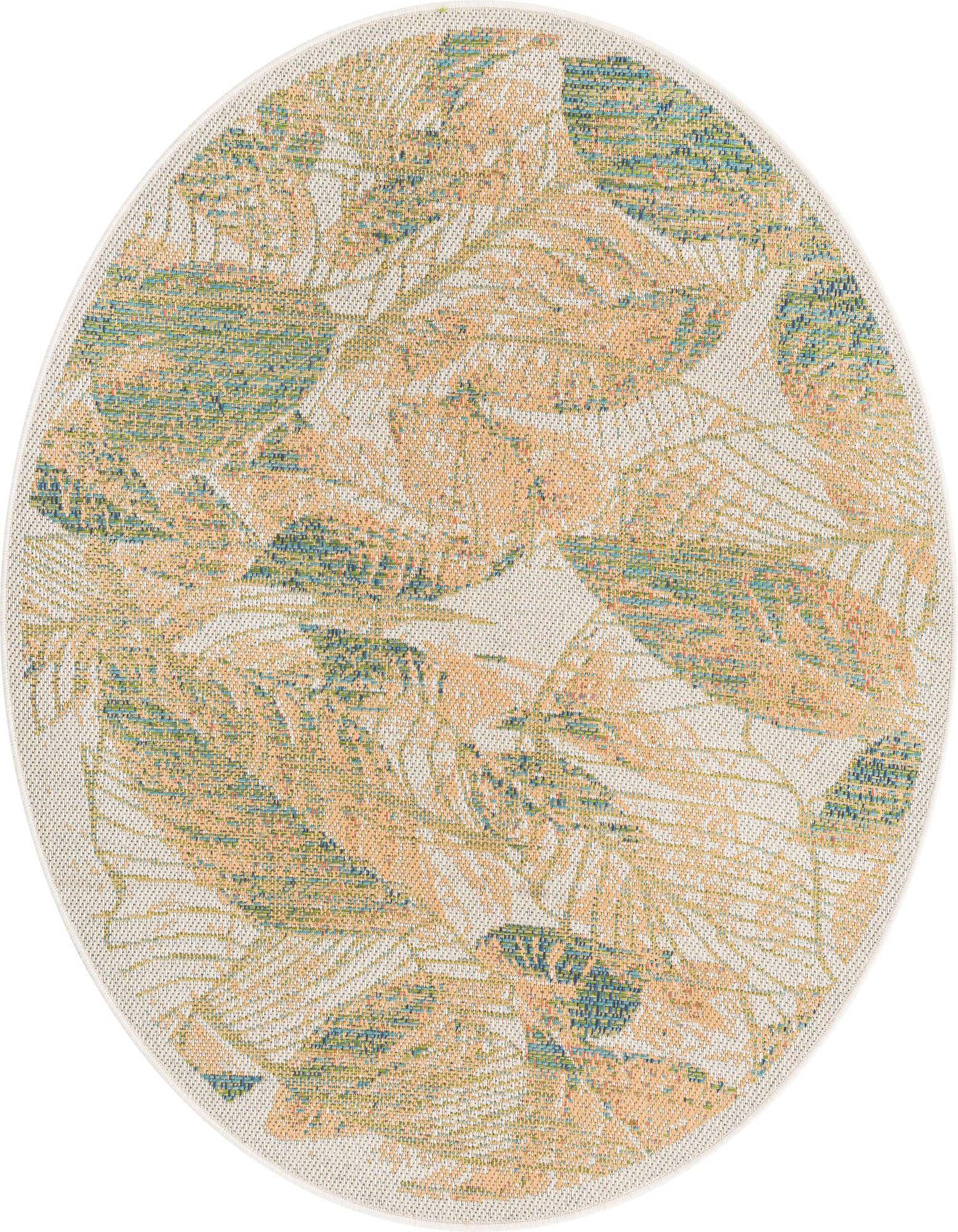 A 5'3" round ivory rug with a modern botanical pattern in peach, teal, and green, suitable for indoor/outdoor use.