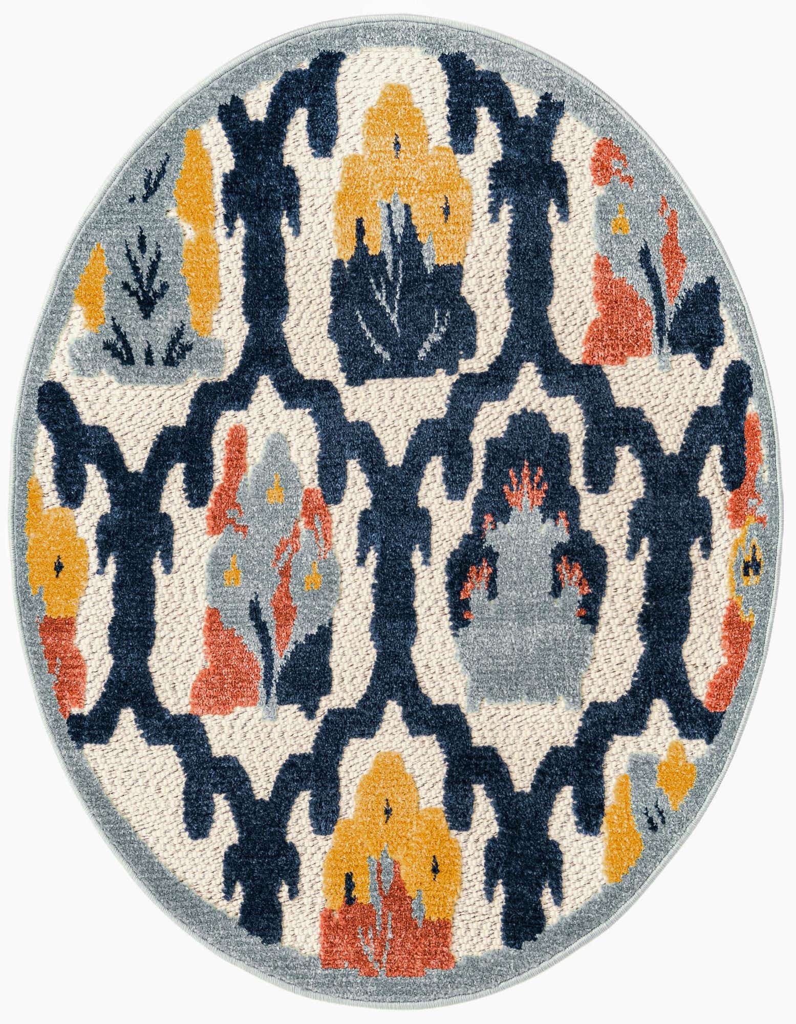 A round 3' 3" x 3' 3" ivory rug with a modern botanical trellis pattern in navy, yellow, and terracotta, suitable for indoor/outdoor use.