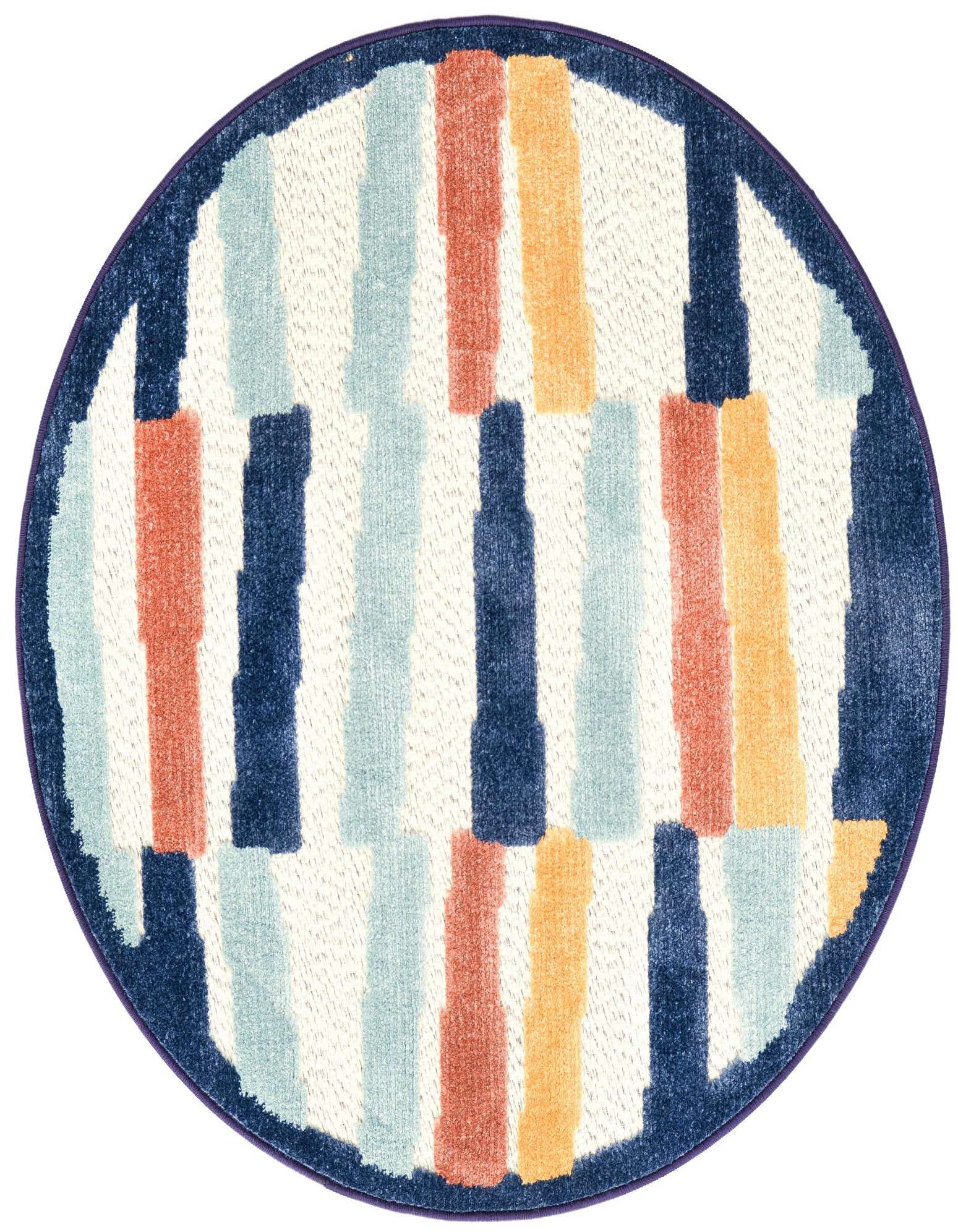 A round 3' 3" x 3' 3" indoor/outdoor rug with a modern coastal stripe pattern in ivory, cream, and blue tones.