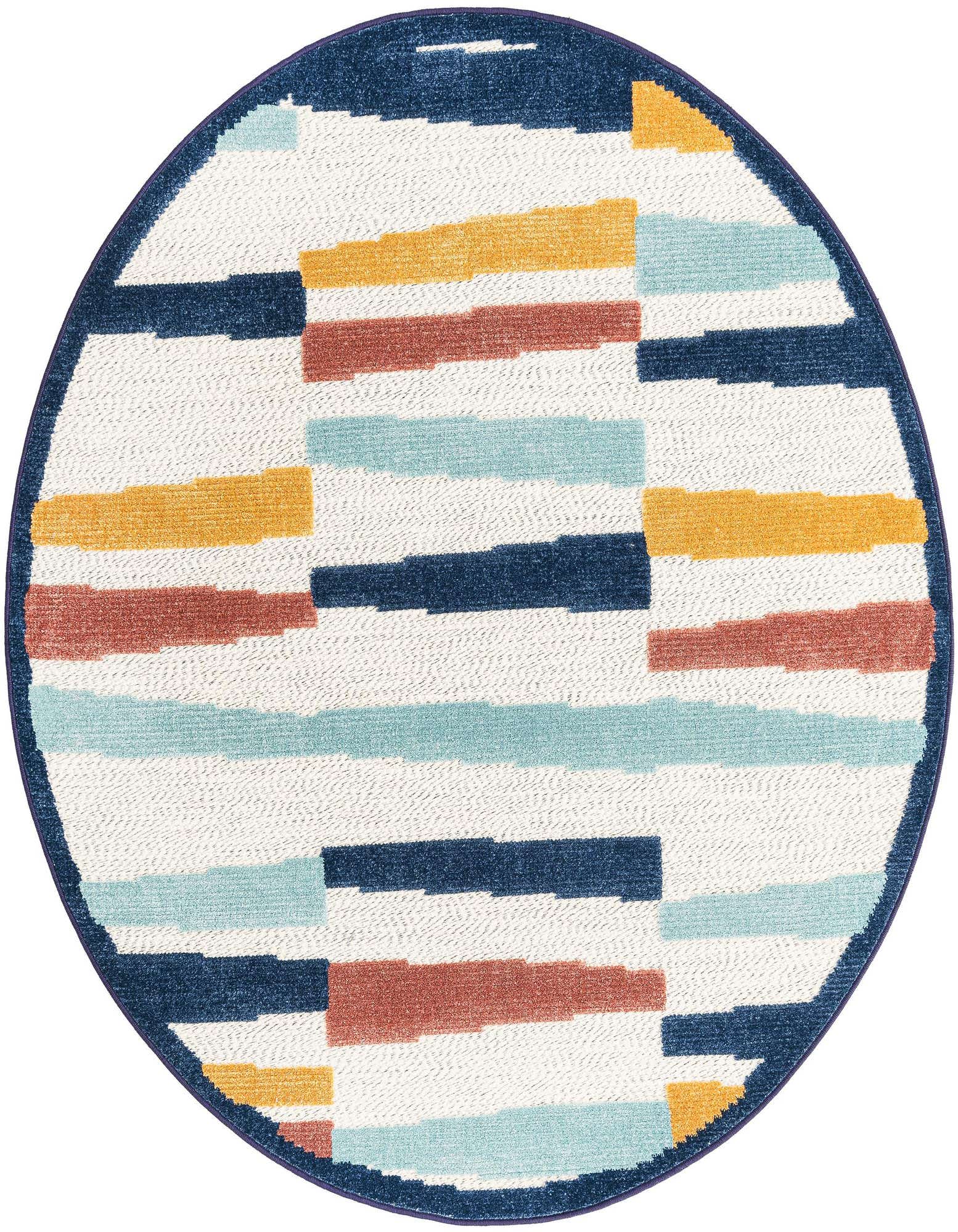 A 5' 3 round ivory rug with a modern stripe pattern in blue, teal, orange, and rust, suitable for indoor/outdoor use.