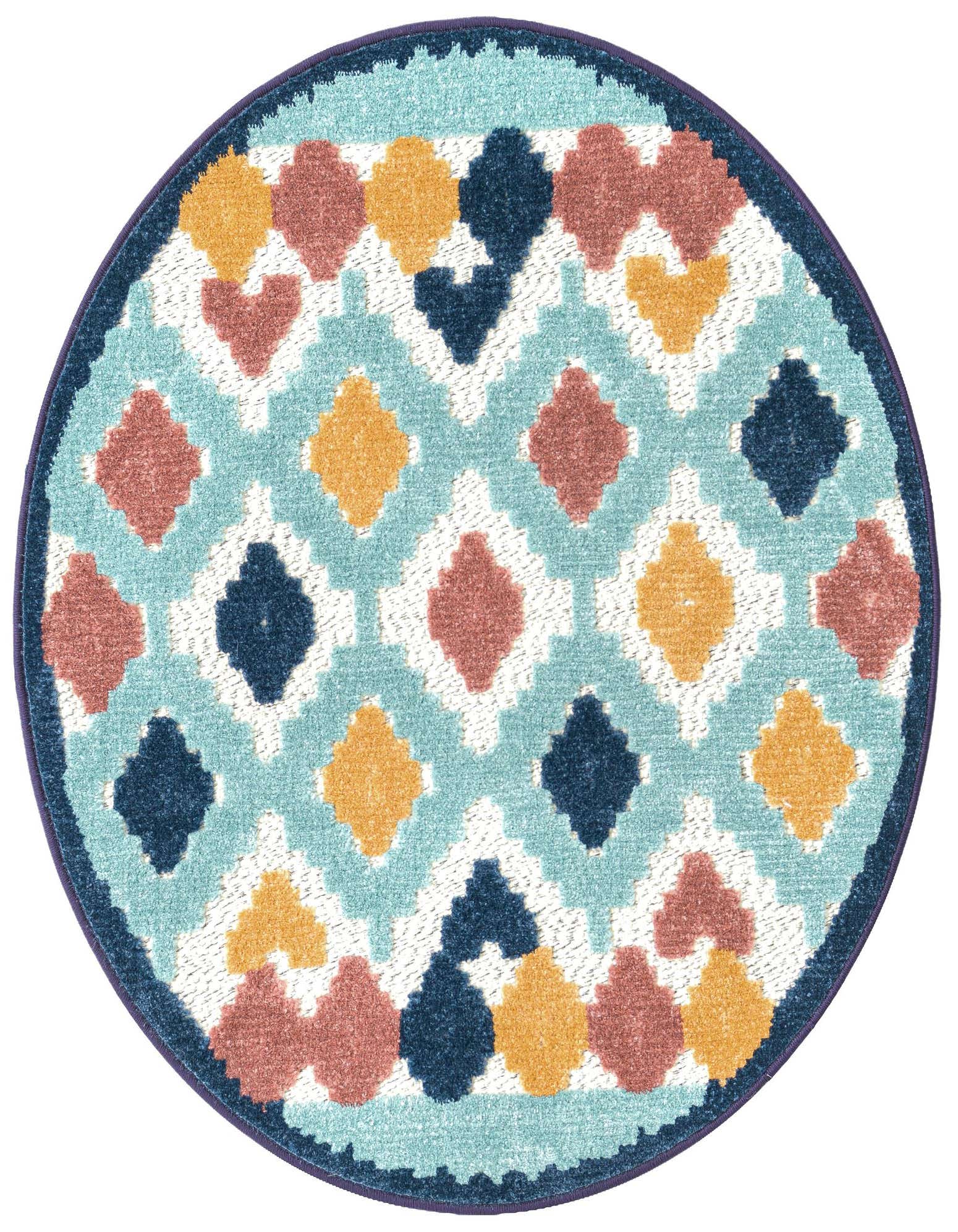 A round 3' 3 x 3' 3 indoor/outdoor rug with a vibrant bohemian trellis pattern in shades of ivory, cream, blue, orange, and terracotta.